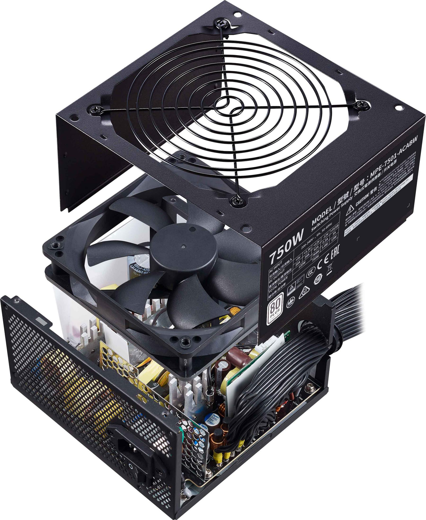Vista esplosa di un alimentatore da 750W, con componenti interni e ventola.