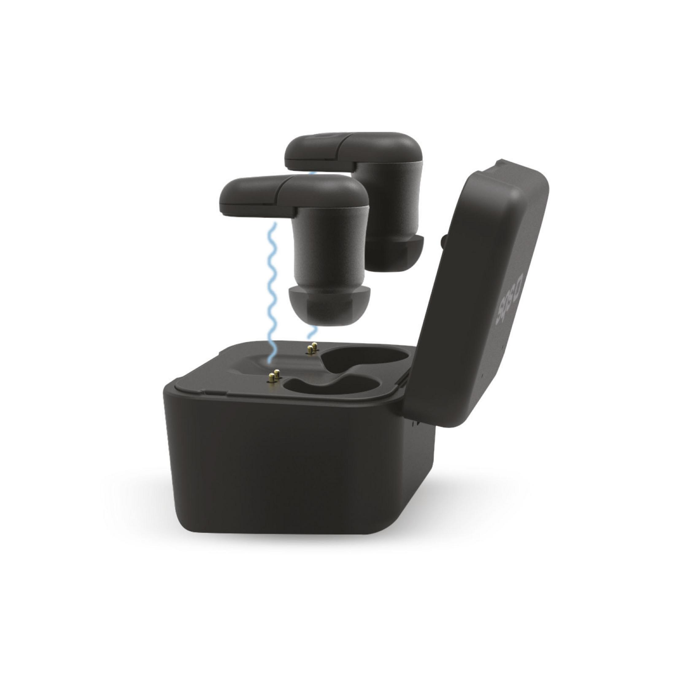 Auricolari wireless neri in una custodia di ricarica. Sono presenti linee blu a forma di fulmine.