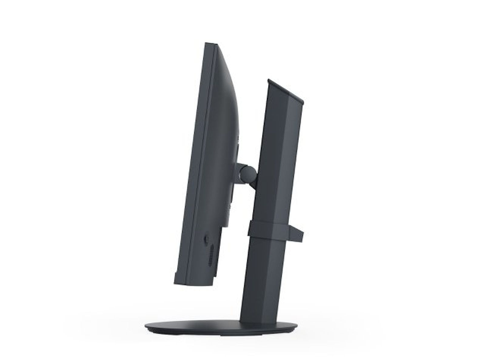 Ciemny monitor na stojaku z boku, na białym tle.