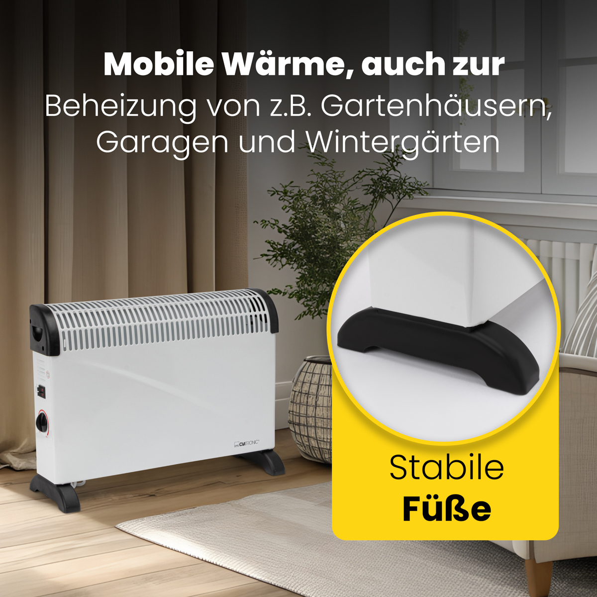 Biały grzejnik z etykietą tekstową. Widoczna czarna podstawa i żółte koło.