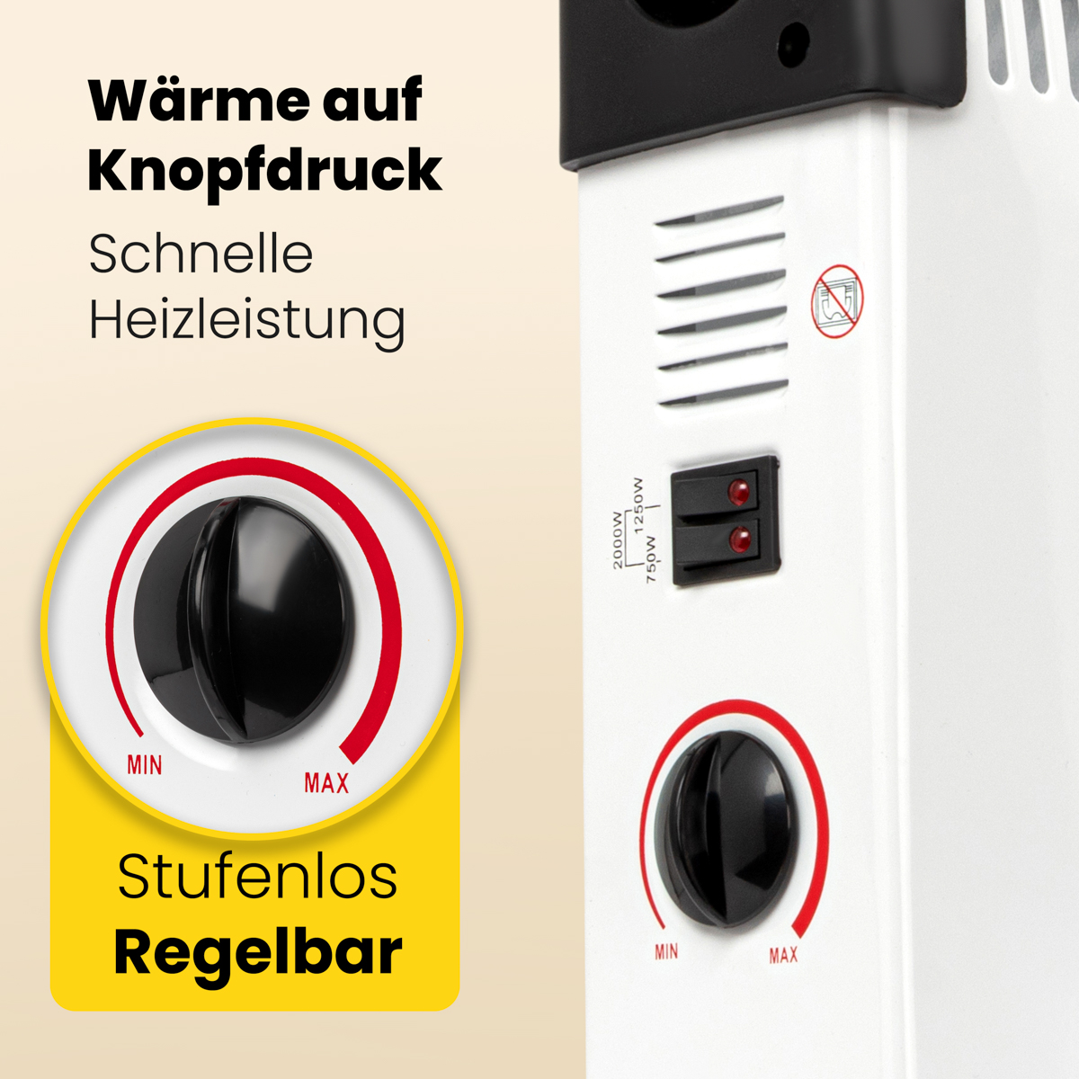 Zbliżenie białego panelu sterowania grzejnika elektrycznego z czarnymi pokrętłami i ustawieniami zasilania.