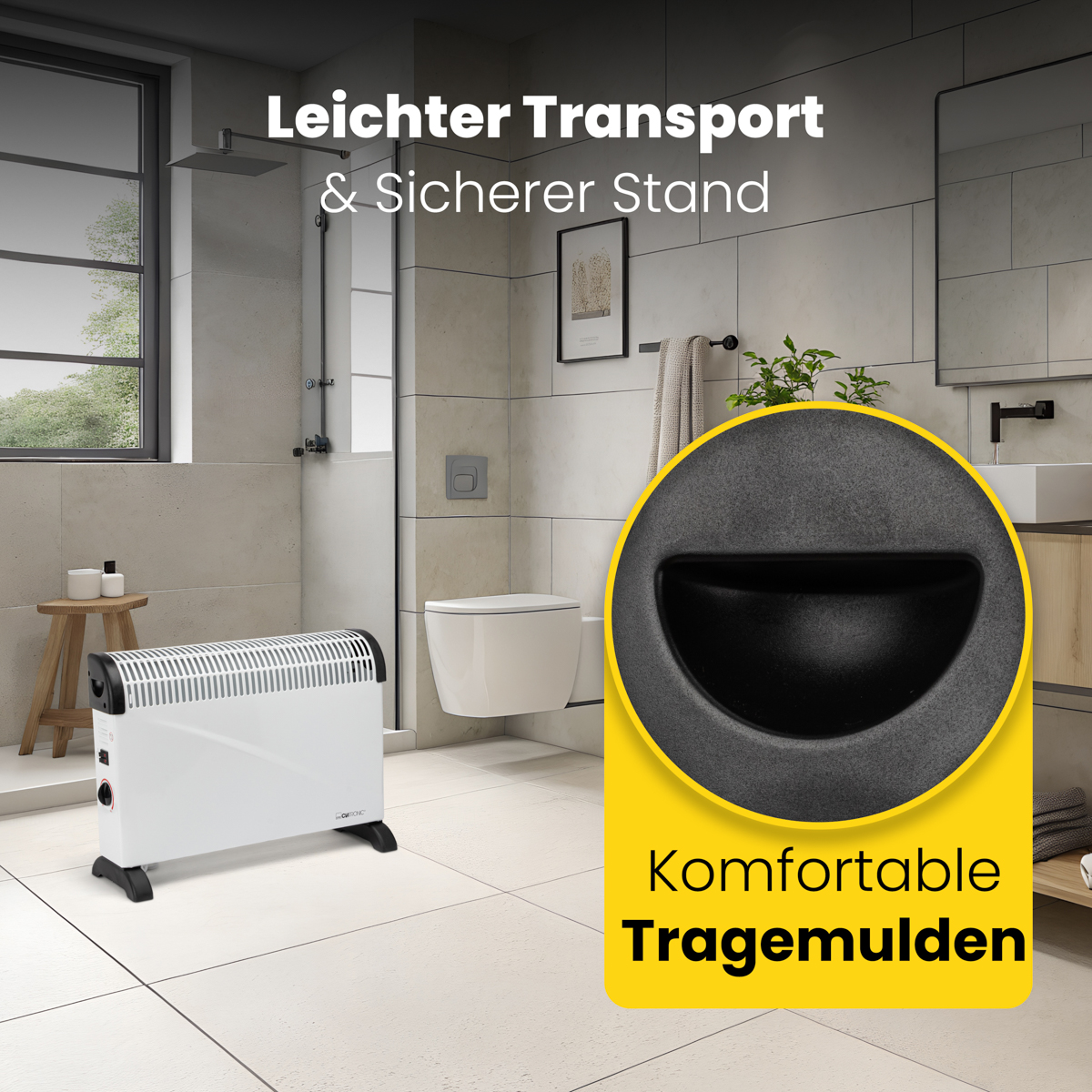 Biały grzejnik w łazience, czarny uchwyt. Tekst mówi 'wygodne uchwyty'. Prysznic w tle.