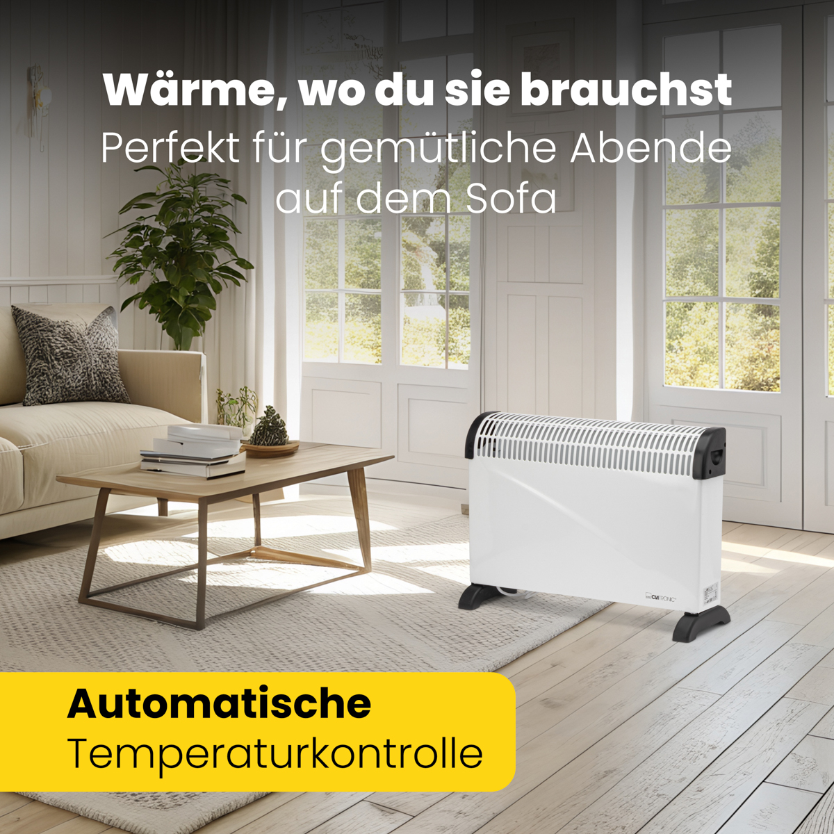 Salon z grzejnikiem. Tekst niemiecki: Ciepło tam, gdzie potrzebne, idealne na przytulne wieczory.