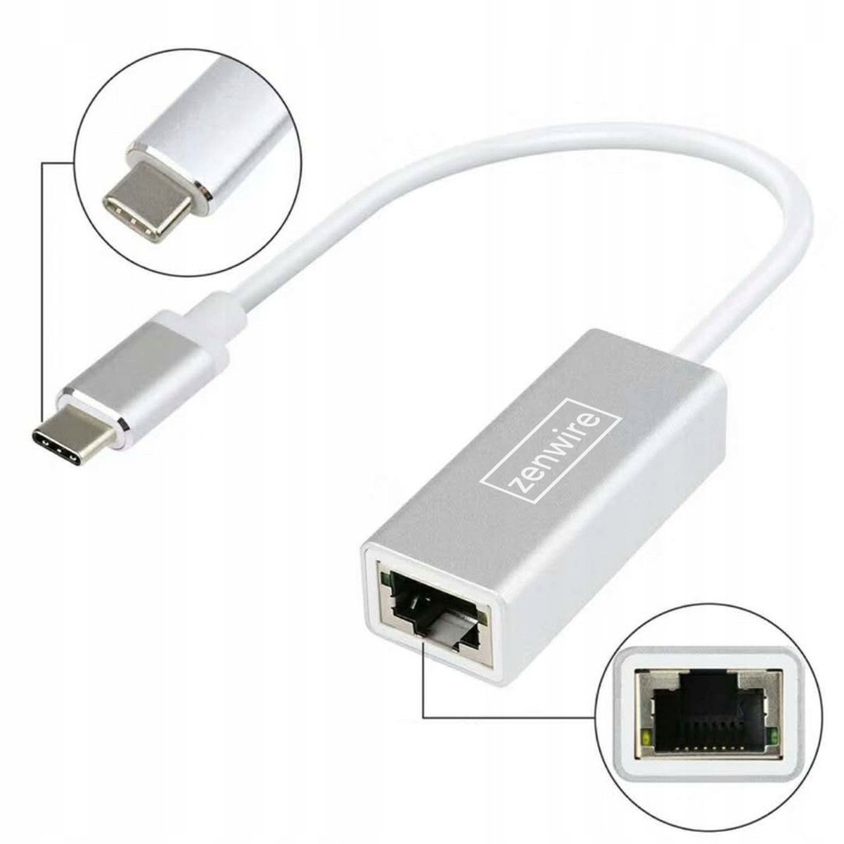 Srebrny adapter konwertujący USB-C na port Ethernet, ze zbliżeniem portów.