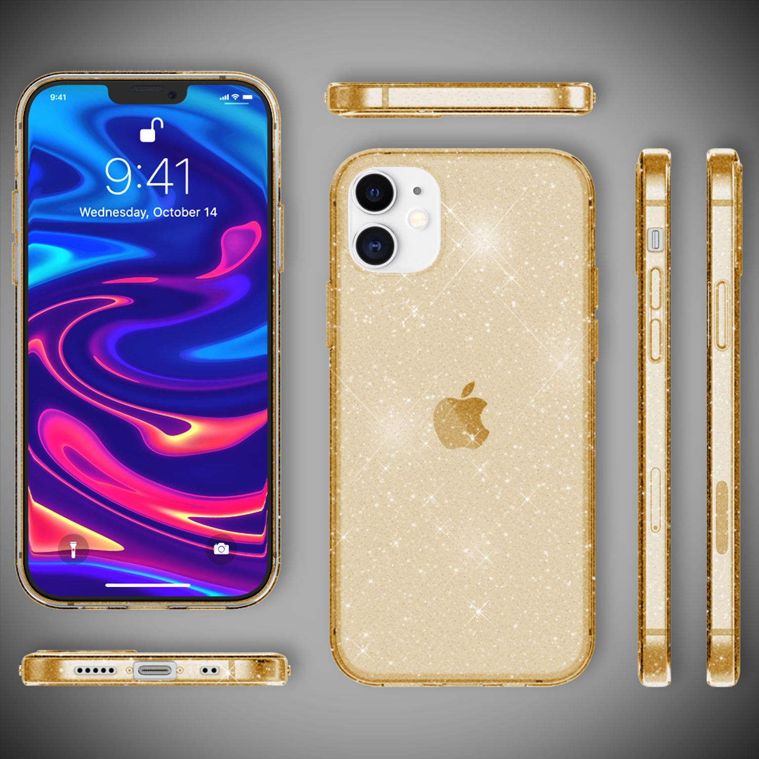 Eine goldene Handyhülle mit einem Telefon. Der Telefonbildschirm zeigt einen bunten abstrakten Hintergrund.