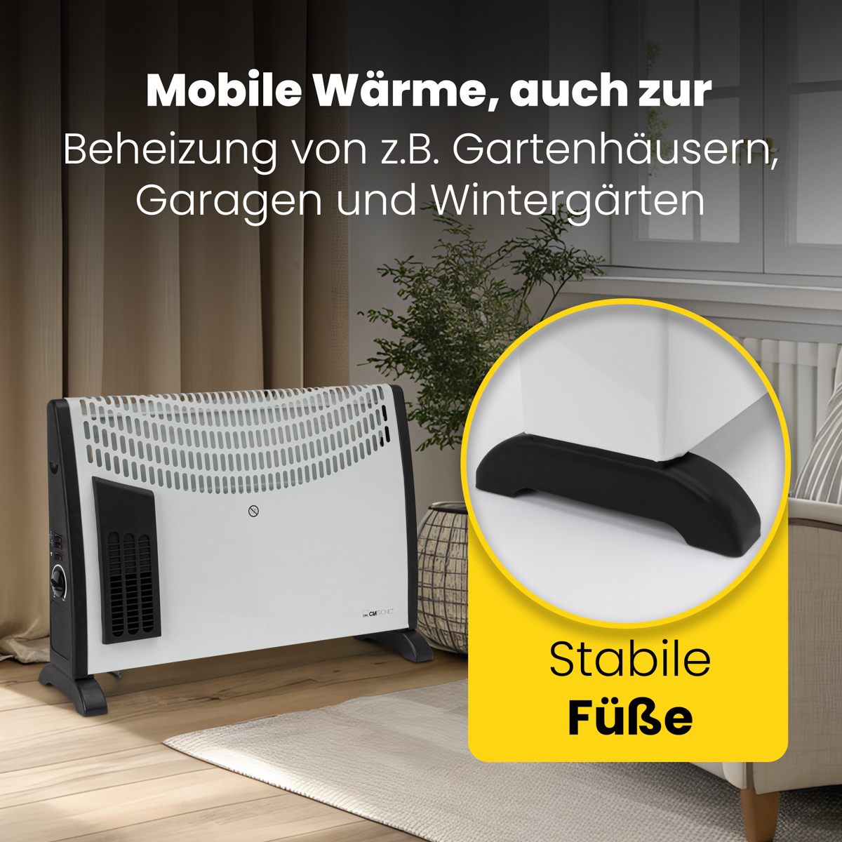 Biały grzejnik elektryczny w pokoju, z tekstem i żółtą etykietą.