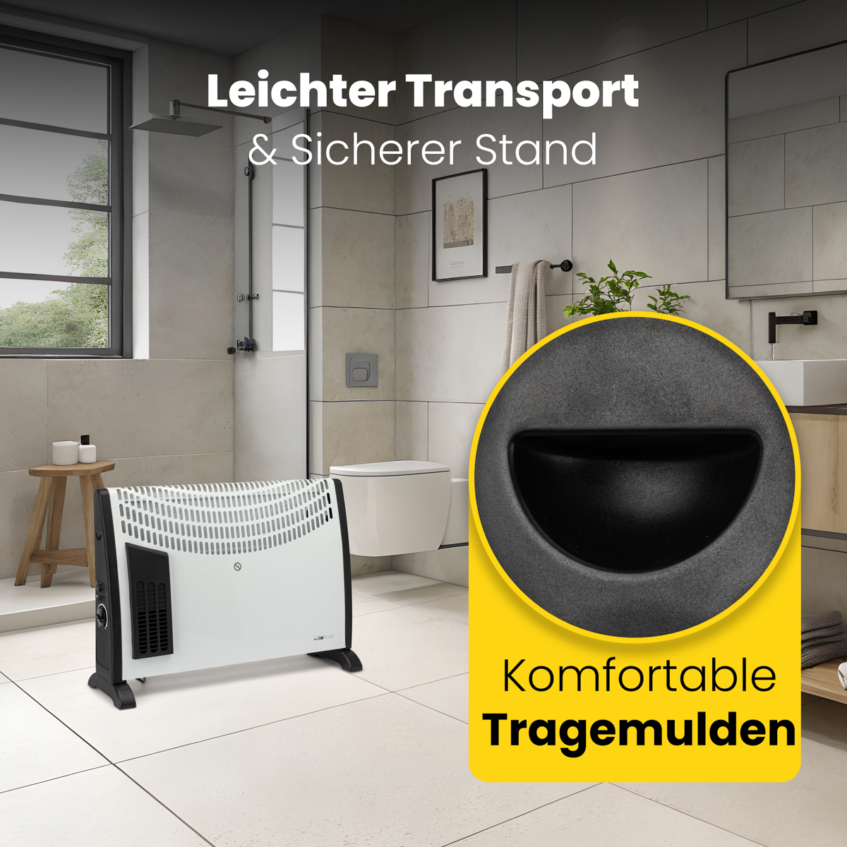 Biały grzejnik elektryczny w łazience, z tekstem i żółtą etykietą.