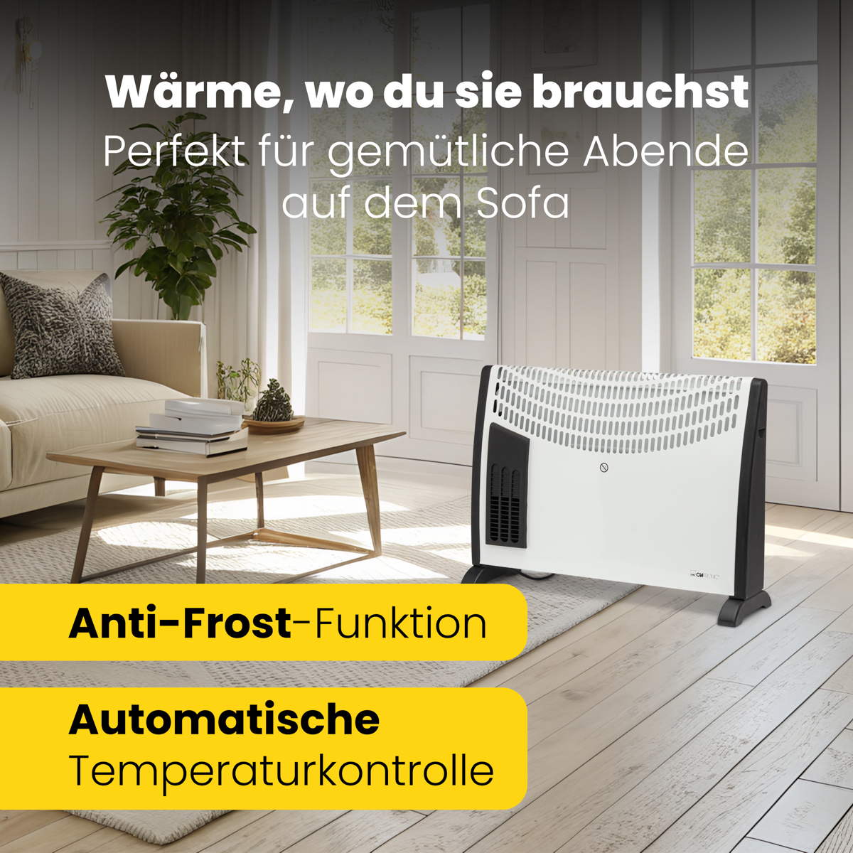 Biały grzejnik elektryczny w salonie, z tekstem i żółtą etykietą.