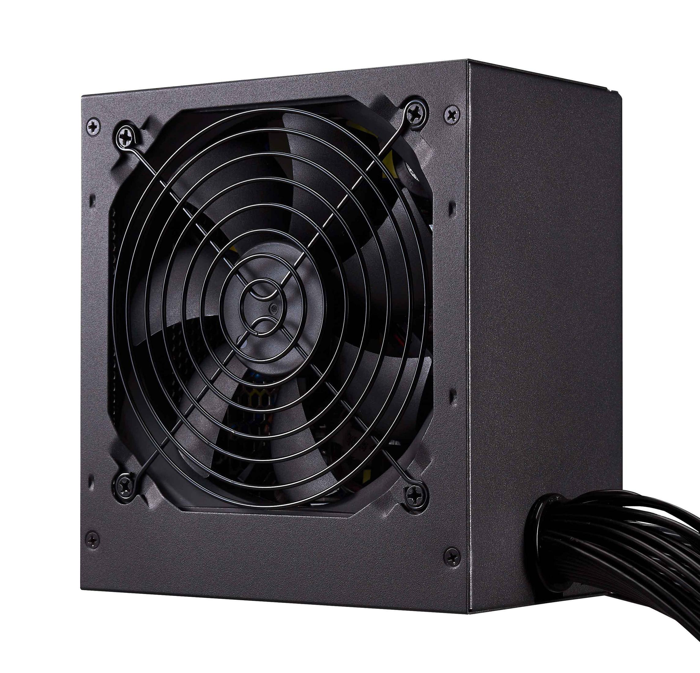 Alimentatore nero con griglia della ventola e cavi multipli.