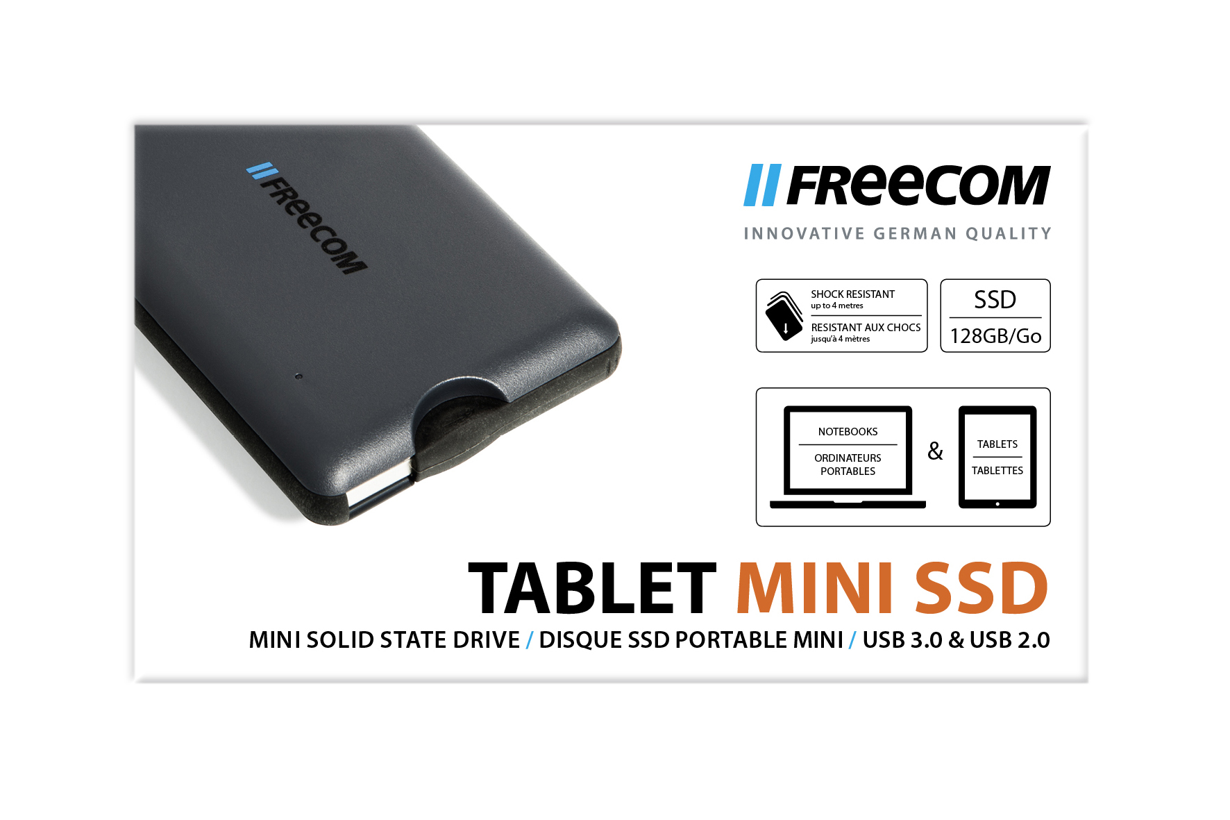 SSD Mini Tablet Freecom nero in confezione, con testo e loghi.