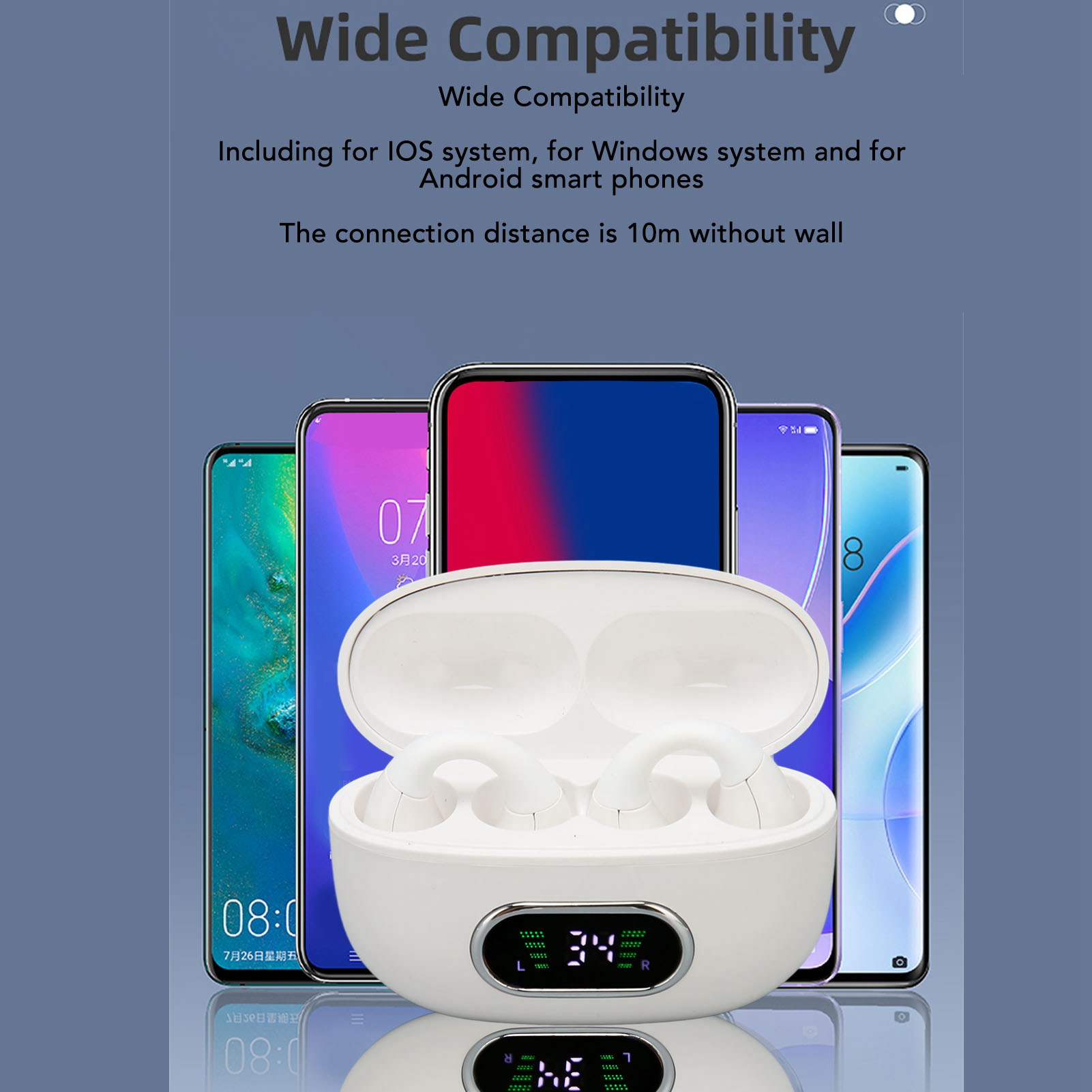 Ohrhörer-Ladecase mit fünf Handys im Hintergrund. Der Text sagt 'Wide Compatibility'.
