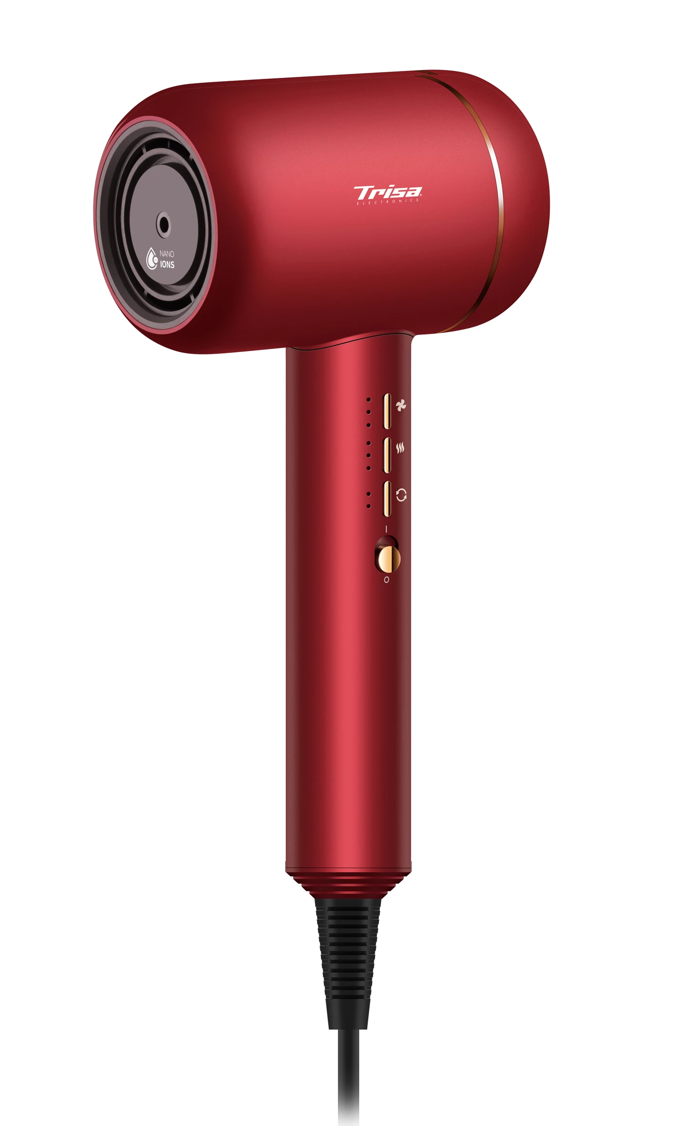 Czerwona suszarka do włosów z czarnym kablem. Ma na sobie markę Trisa.