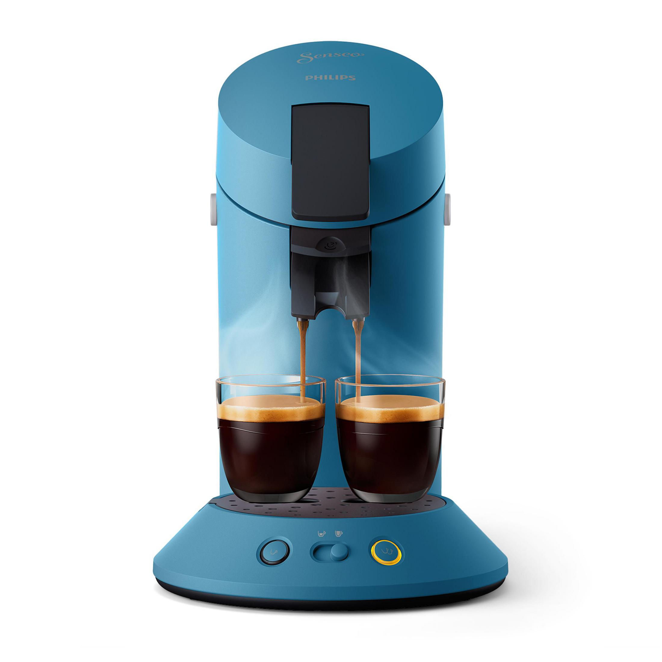 Blauer Kaffeeautomat mit zwei Gläsern, die mit Kaffee gefüllt werden. Weißer Hintergrund. Kaffeemaschine