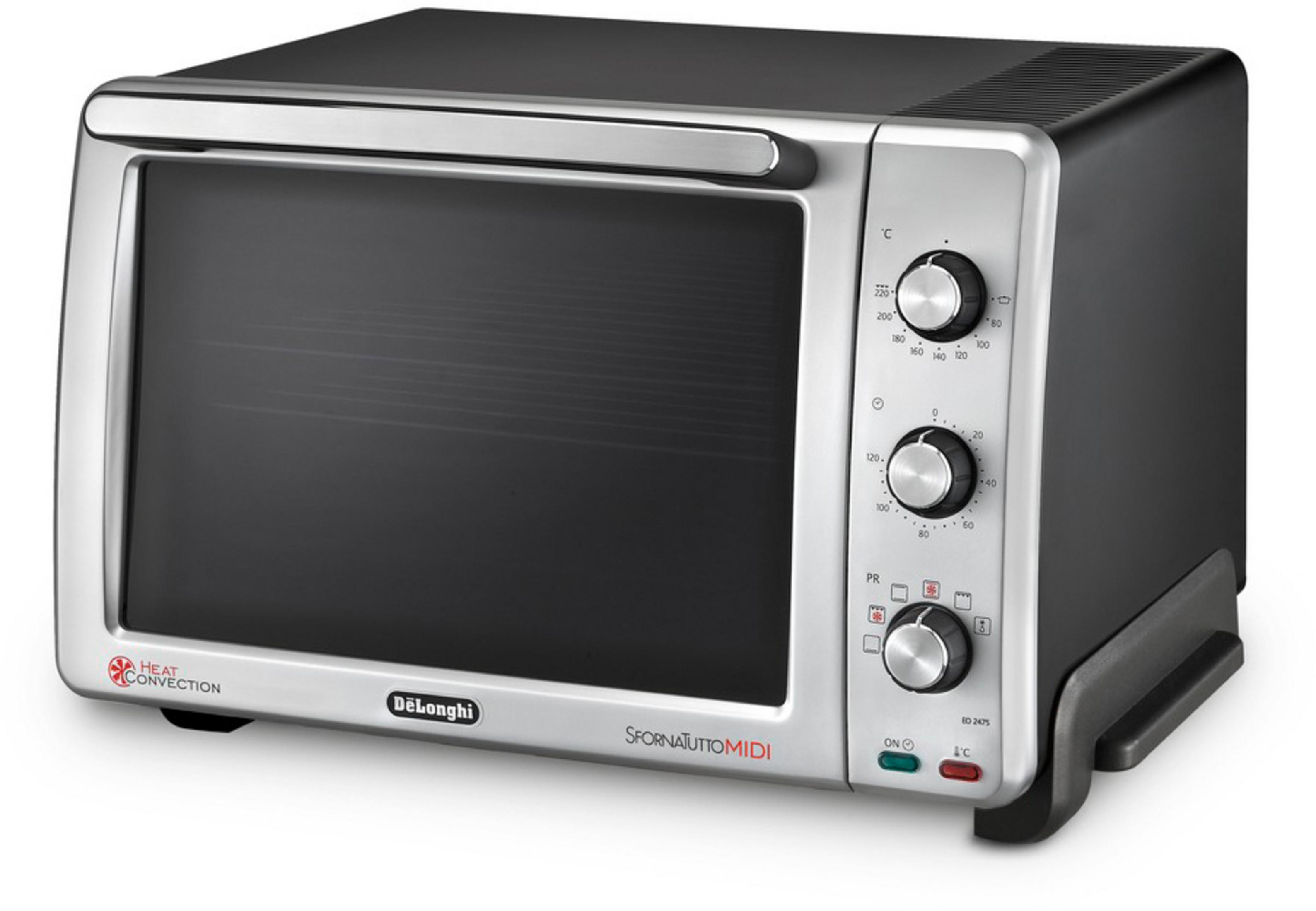 Un forno tostapane Delonghi nero con dettagli argentati. I comandi sono sul lato destro.
