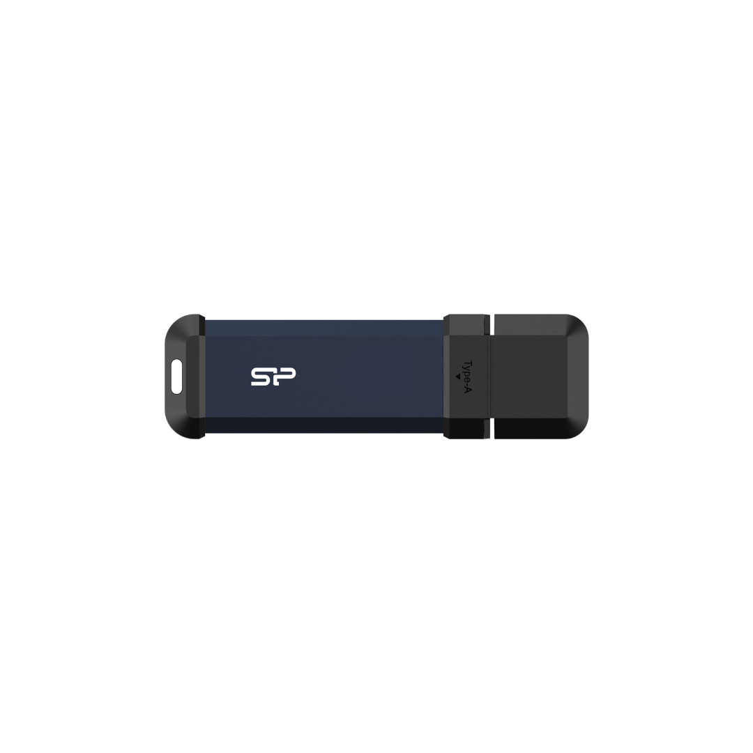 Unidad flash USB azul marino y negro con el logo 'SP', sobre fondo blanco.