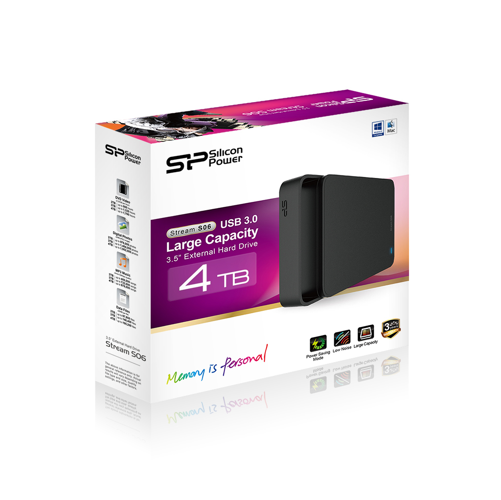 Scatola con disco rigido, logo Silicon Power, Stream S06, grande capacità 4 TB. Sfondo bianco.