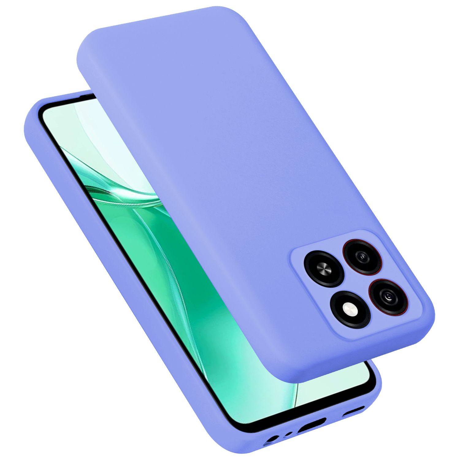 Lila Handyhülle, offen, zeigt Telefon. Hülle ist lila, zur Kamera geneigt.