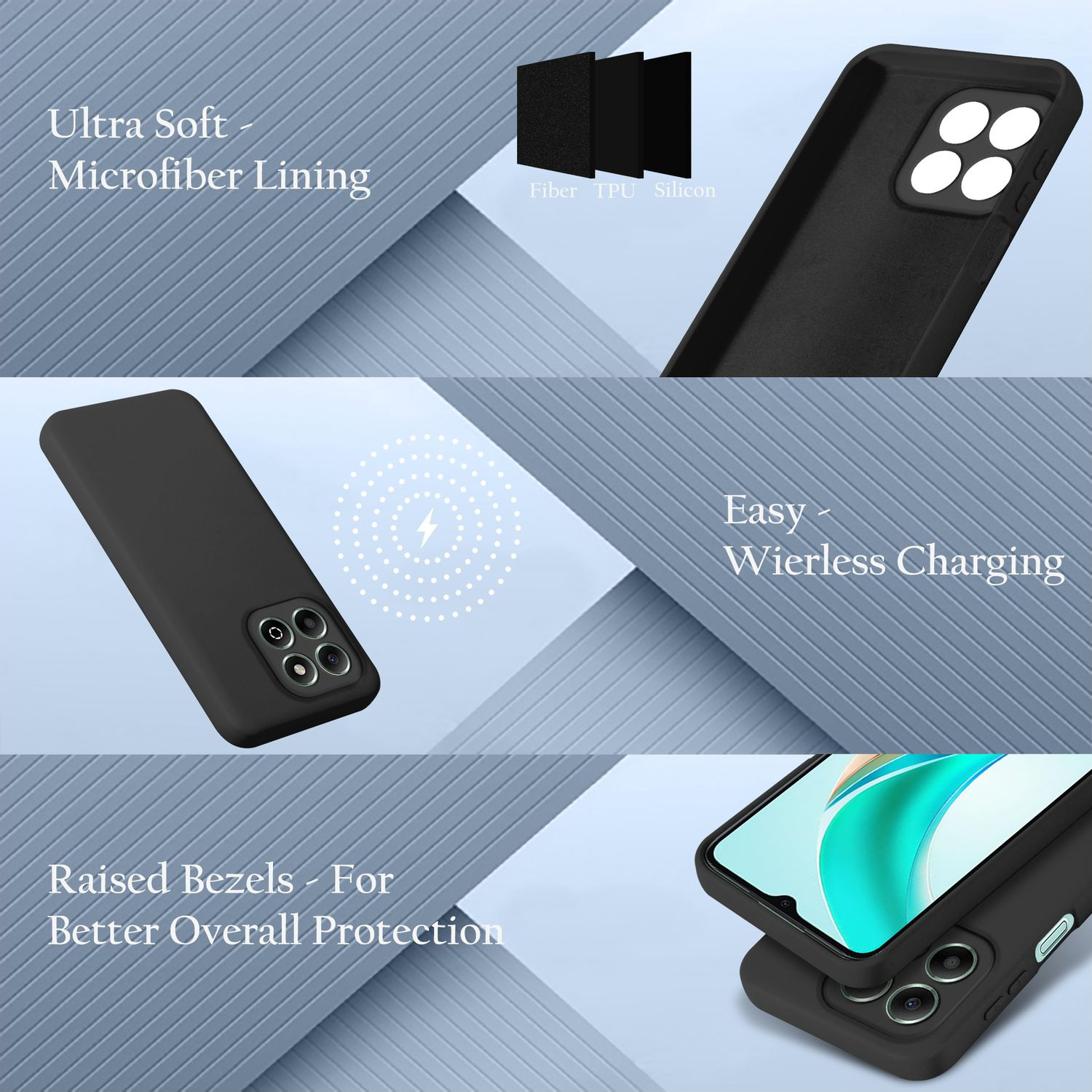 Telefonhülle mit Details: Mikrofaserfutter, Faser, TPU, Silikon, kabelloses Laden und Schutz.