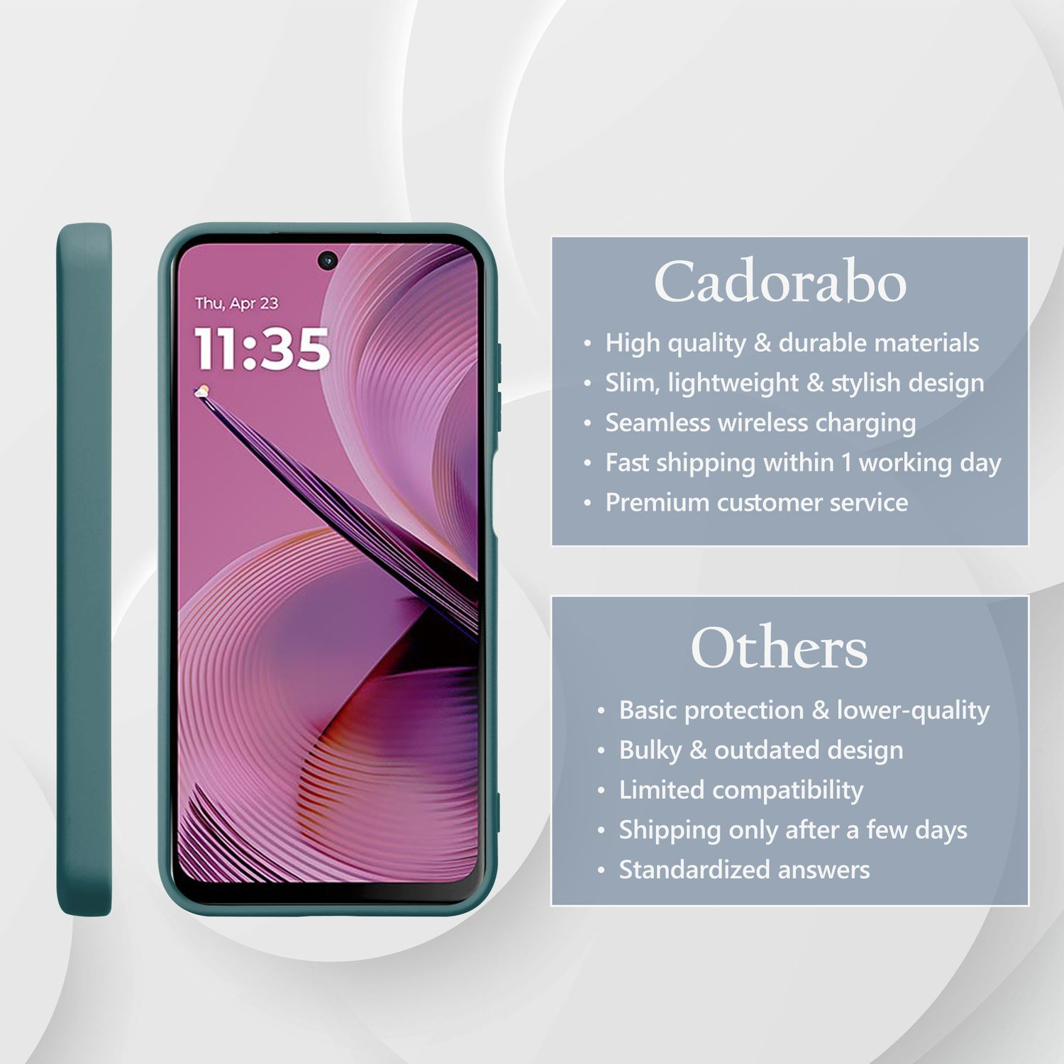 Türkisfarbene Handyhülle auf einem Telefon mit pinkem Hintergrund, Details und Vergleich.