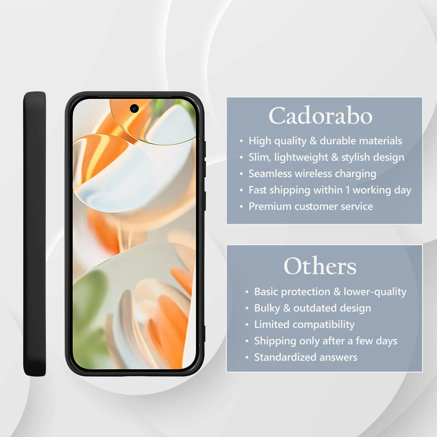 Smartphone in schwarzem Case, mit Vergleichstext und zwei Informationsfeldern.