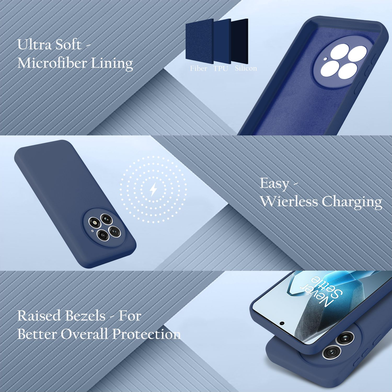 Eine blaue Handyhülle mit Telefon. Text über Eigenschaften wie Mikrofaserfutter und kabelloses Laden.
