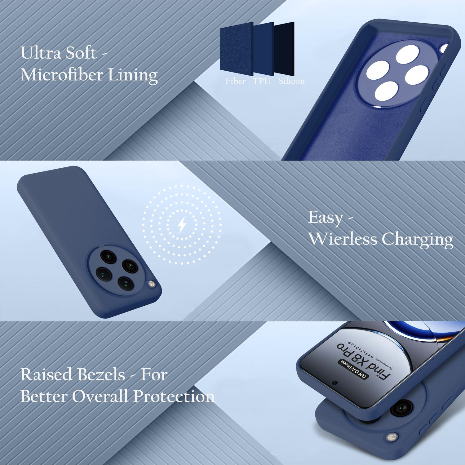 Blaue Handyhülle mit Telefon und Text. Funktionen sind kabelloses Laden und Schutz.