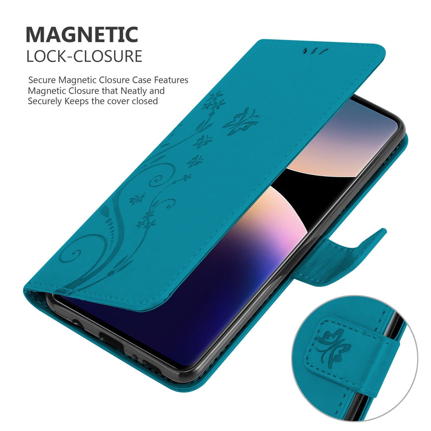 Türkisfarbene Handyhülle offen mit Telefon, Magnetverschluss, Blumendesign.