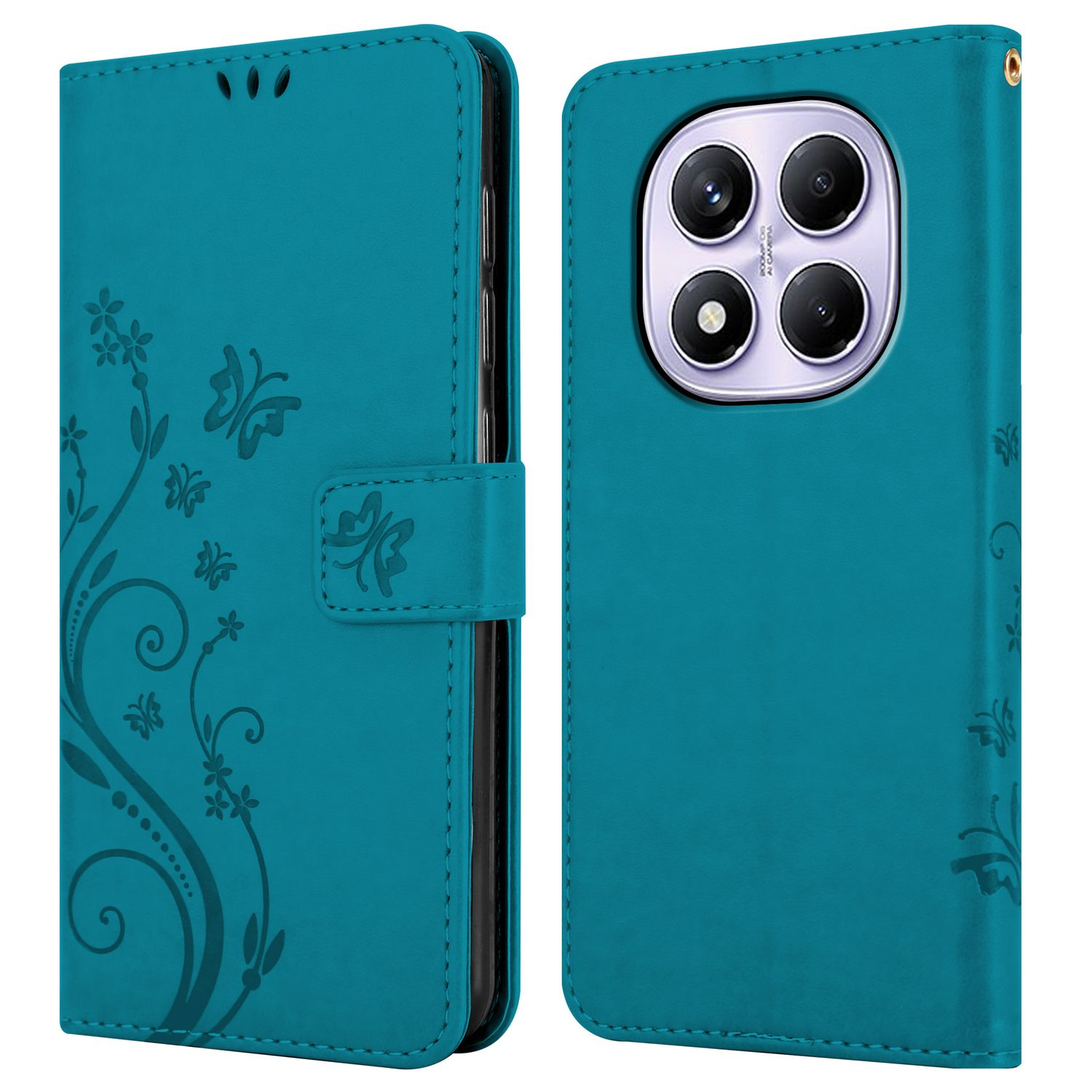 Eine türkisfarbene Handyhülle mit floralem Design und Schmetterlingsmotiv.