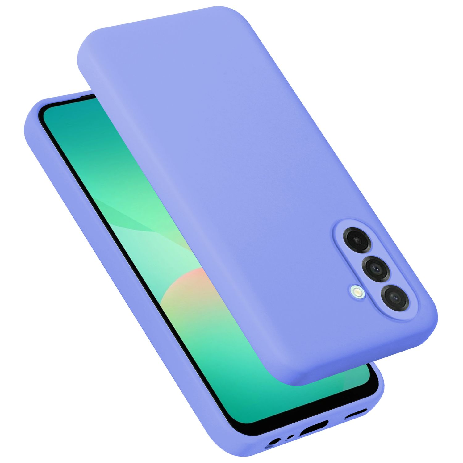Eine hellviolette Handyhülle mit einem grünen Telefon. Die Hülle ist geöffnet.