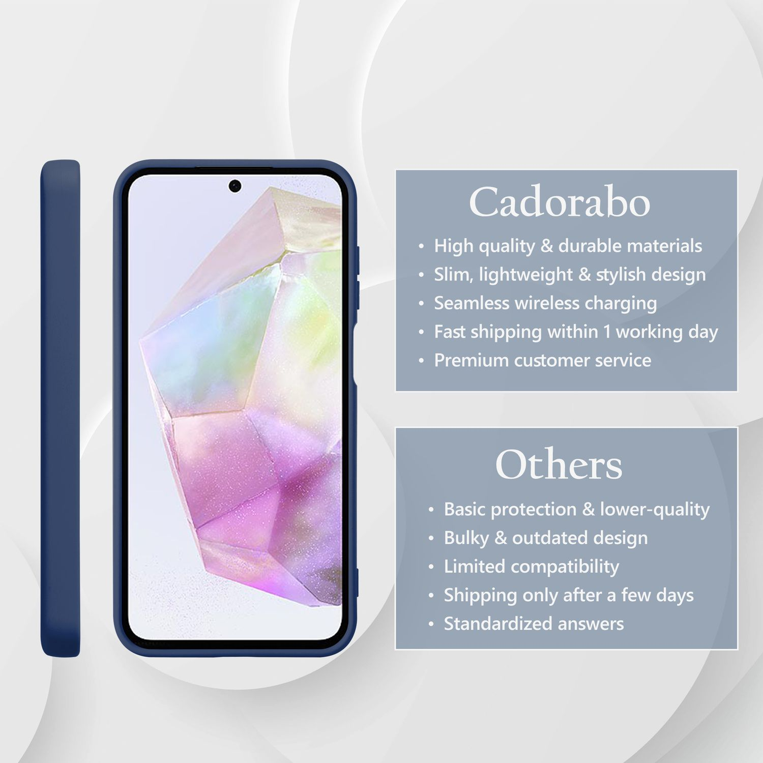 Handyhülle mit Telefon im Inneren, Text mit Funktionsliste, Vergleich von Cadorabo und anderen Produkten.