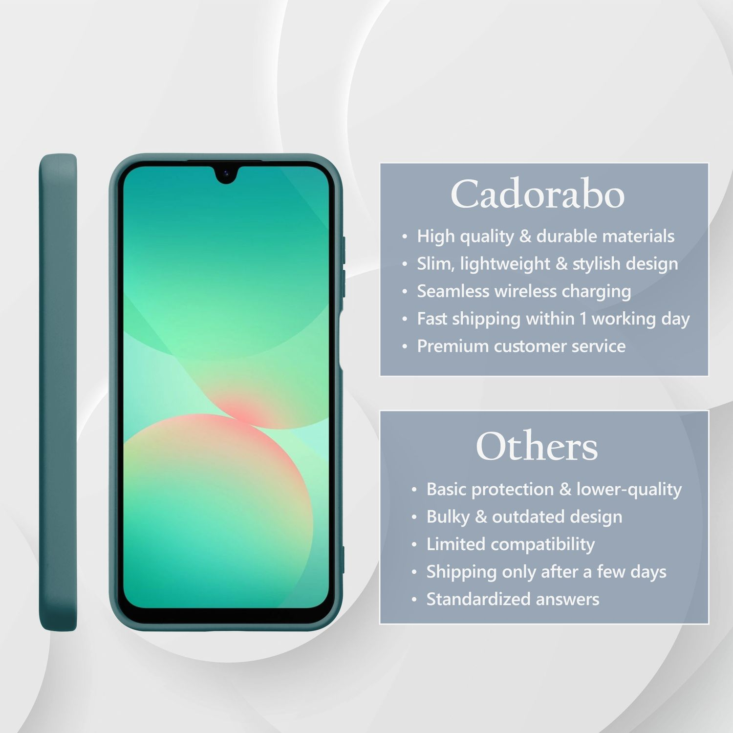 Cadorabo-Handyhülle mit Smartphone und Vergleichstabelle mit anderen Handyhüllen.