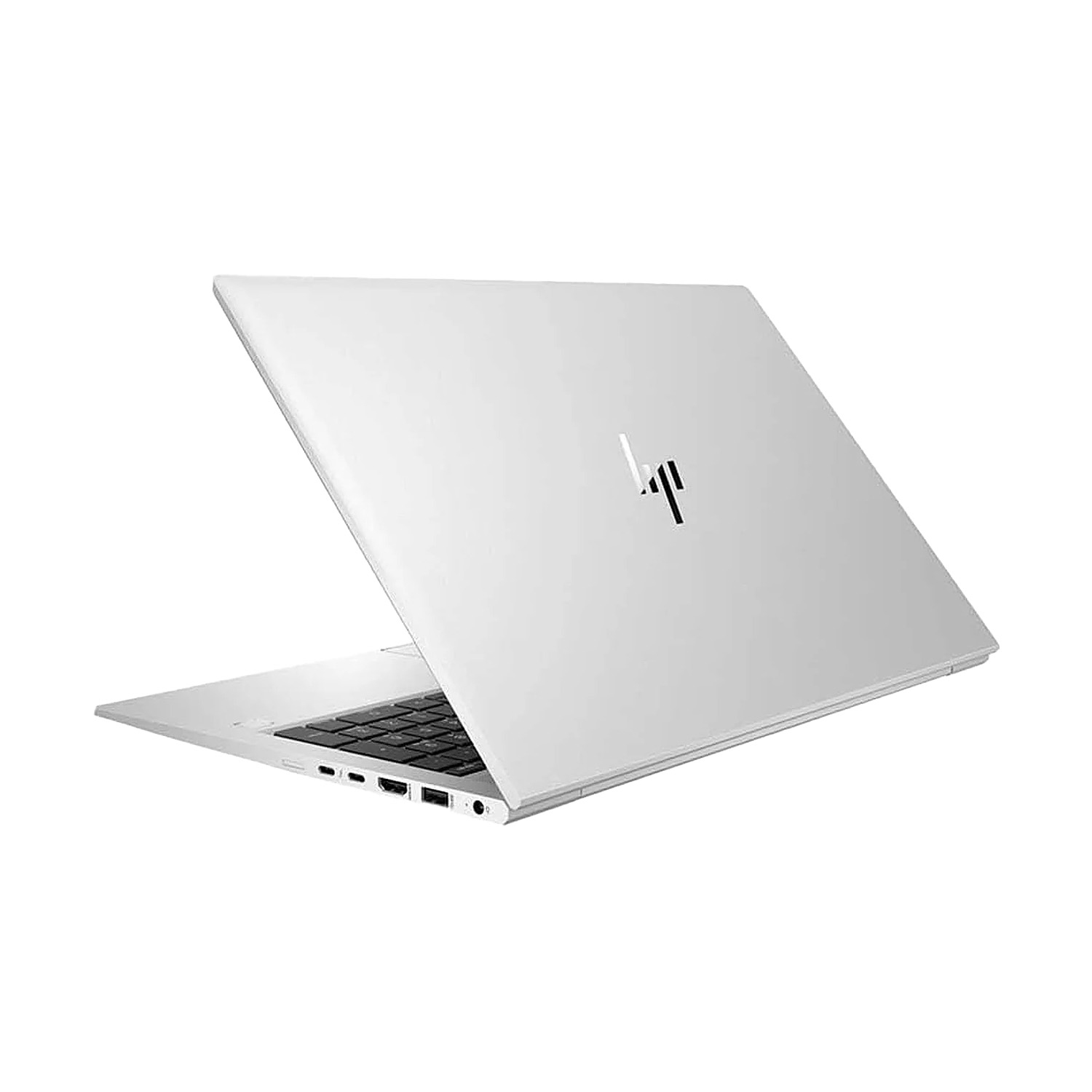 Portátil plateado, abierto, inclinado a la izquierda. Teclado negro, logo HP en la tapa.