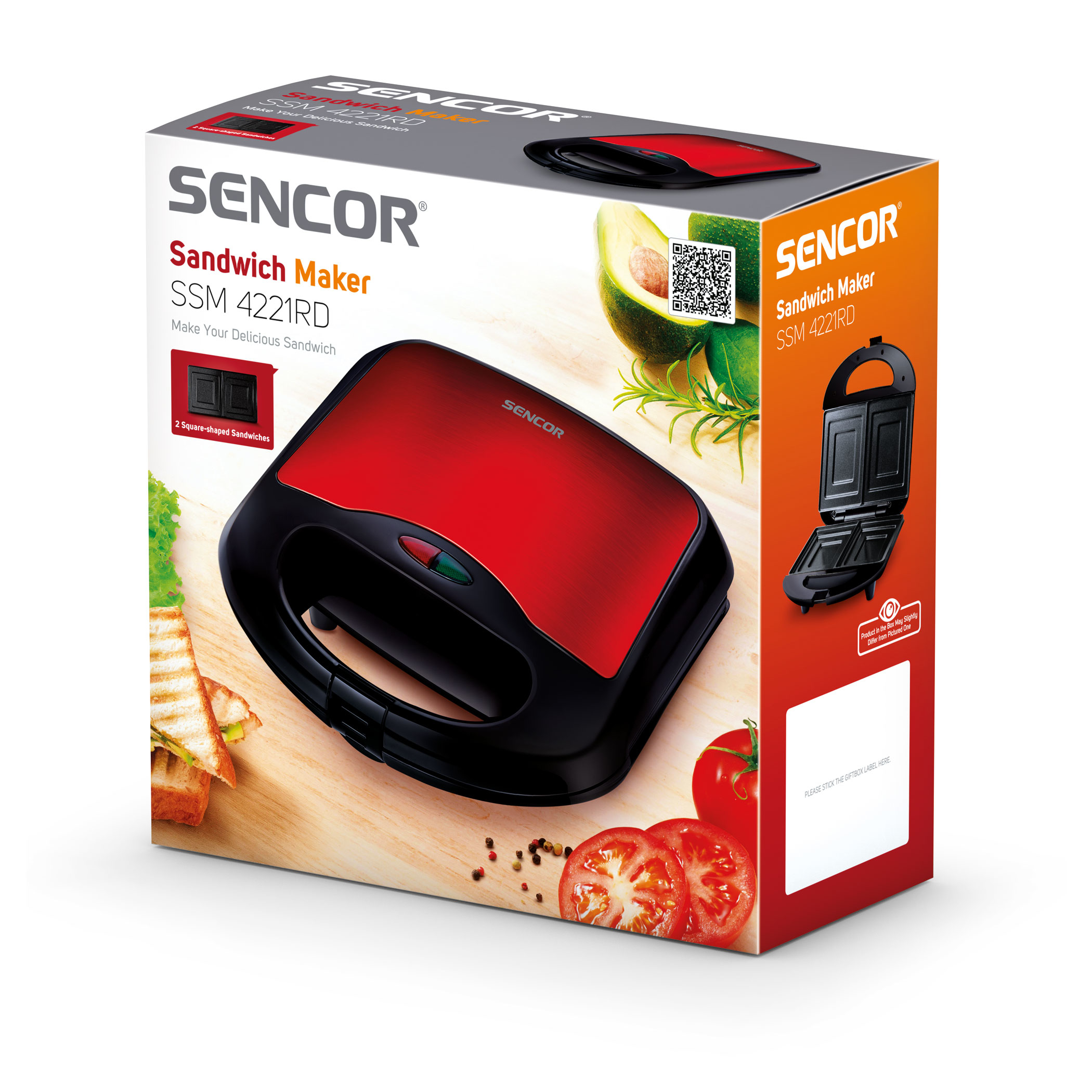 Scatola con sandwich maker Sencor rosso, con immagini di panini e prodotto.