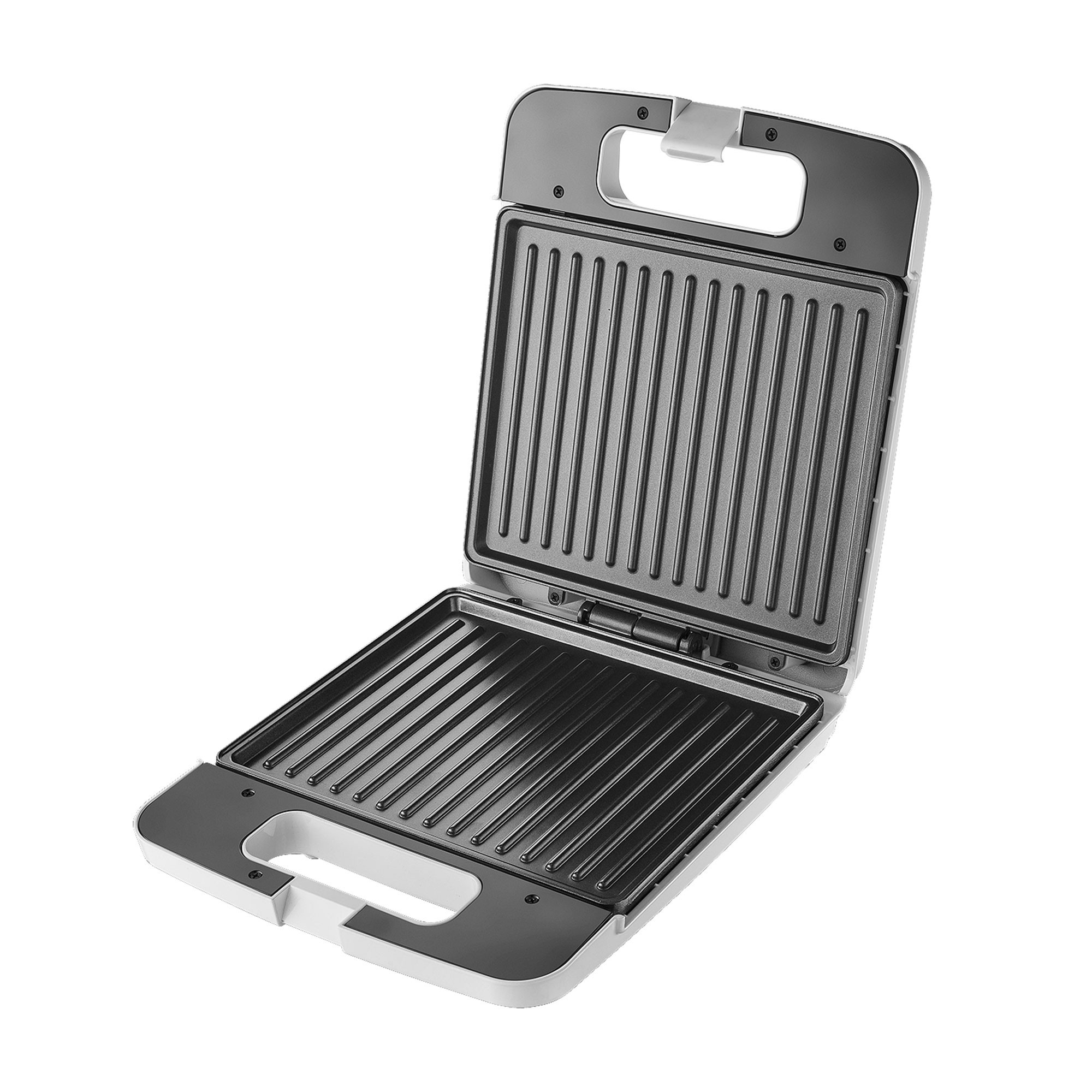 Otwarta opiekacz do kanapek, biało-szara, wnętrze z wzorem grillowania, uchwyt.