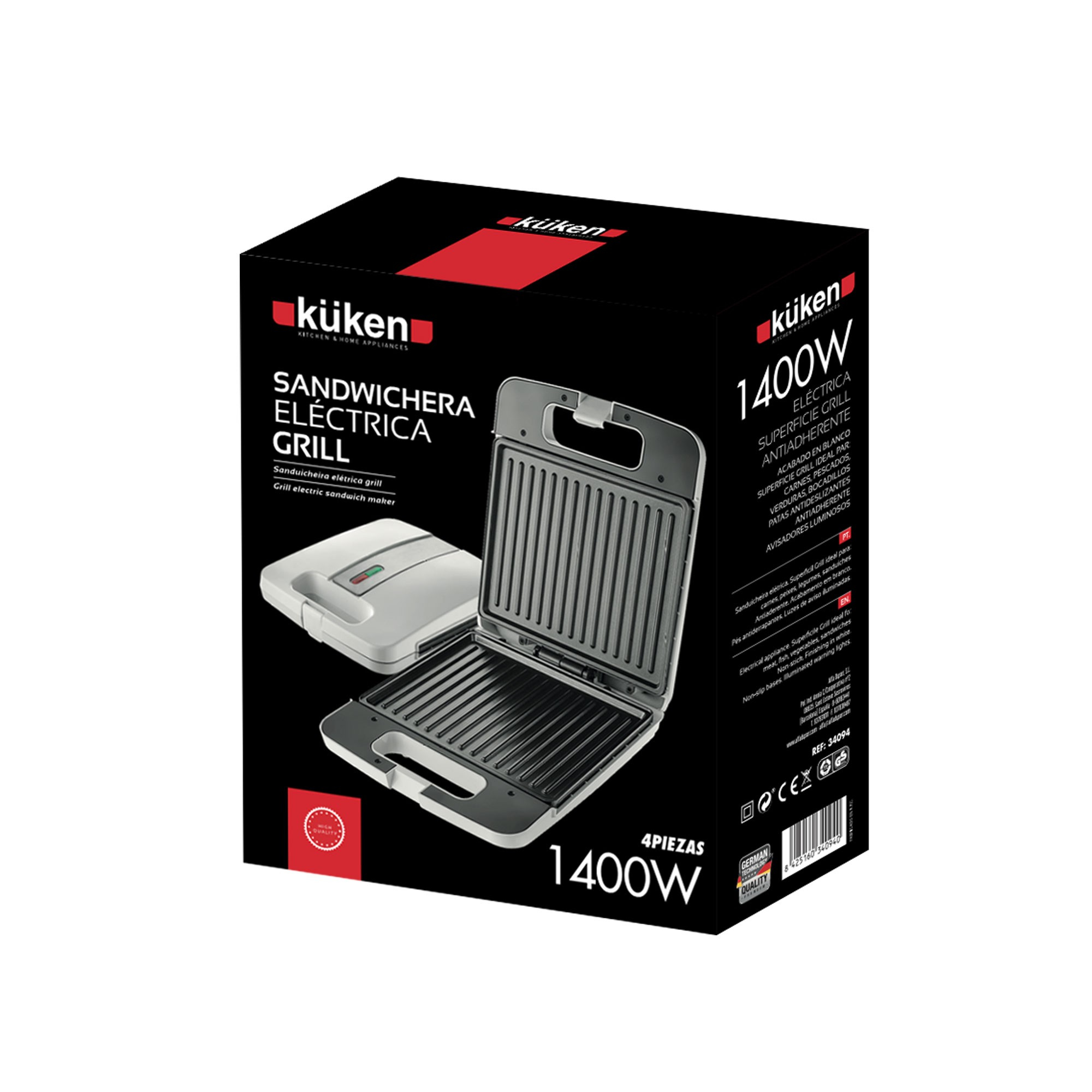 Zapakowany grill do kanapek, czarno-biały, ze zdjęciem grilla i tekstem.