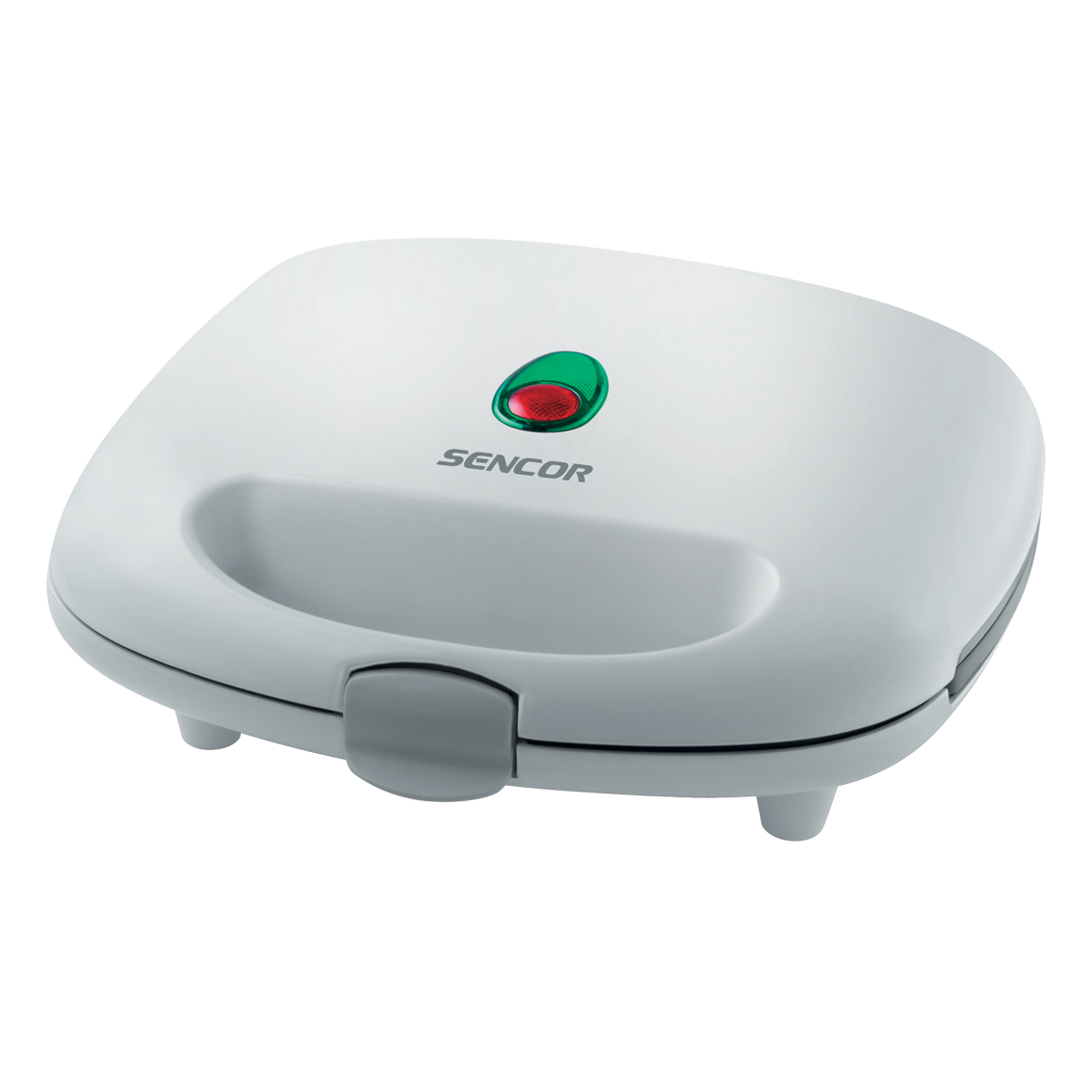 Sandwich maker bianco, chiuso, con una luce verde e rossa sulla parte superiore.