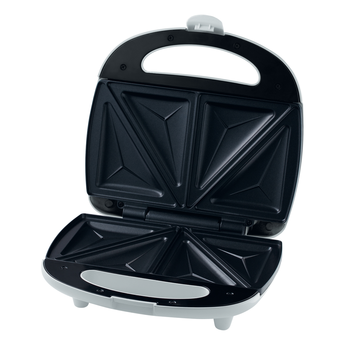 Sandwich maker bianco aperto con piastre di cottura triangolari.