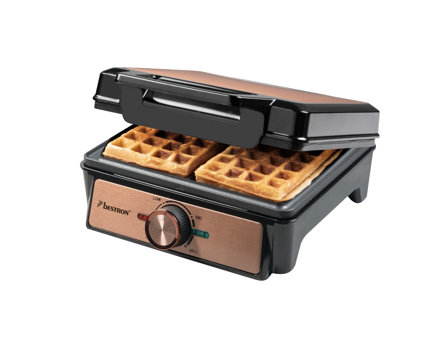 Una macchina per waffle con waffle all'interno, quadrante sulla parte anteriore. Nero e rame.