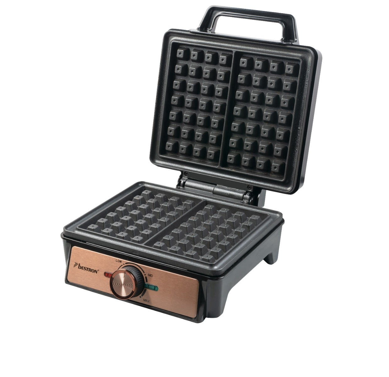 Waffle maker nero, aperto, con griglie e manopola di controllo.