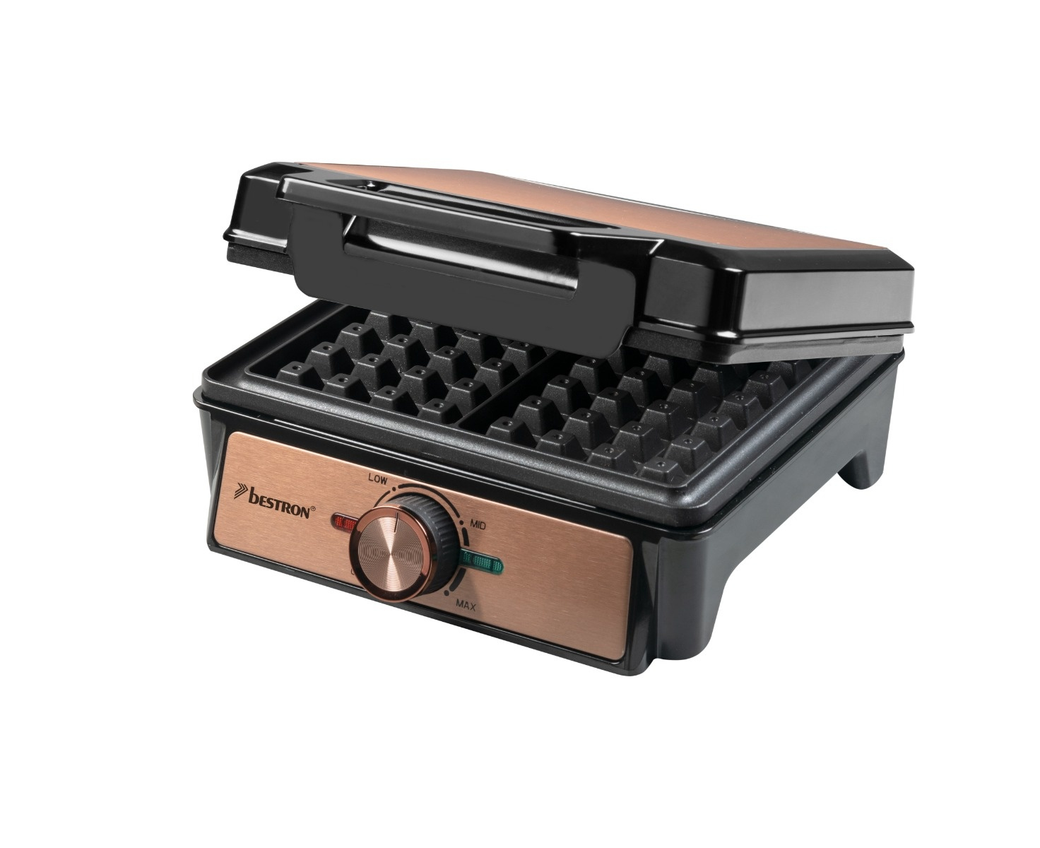 Waffle maker nero e rame, aperto, con griglie e manopola di controllo.