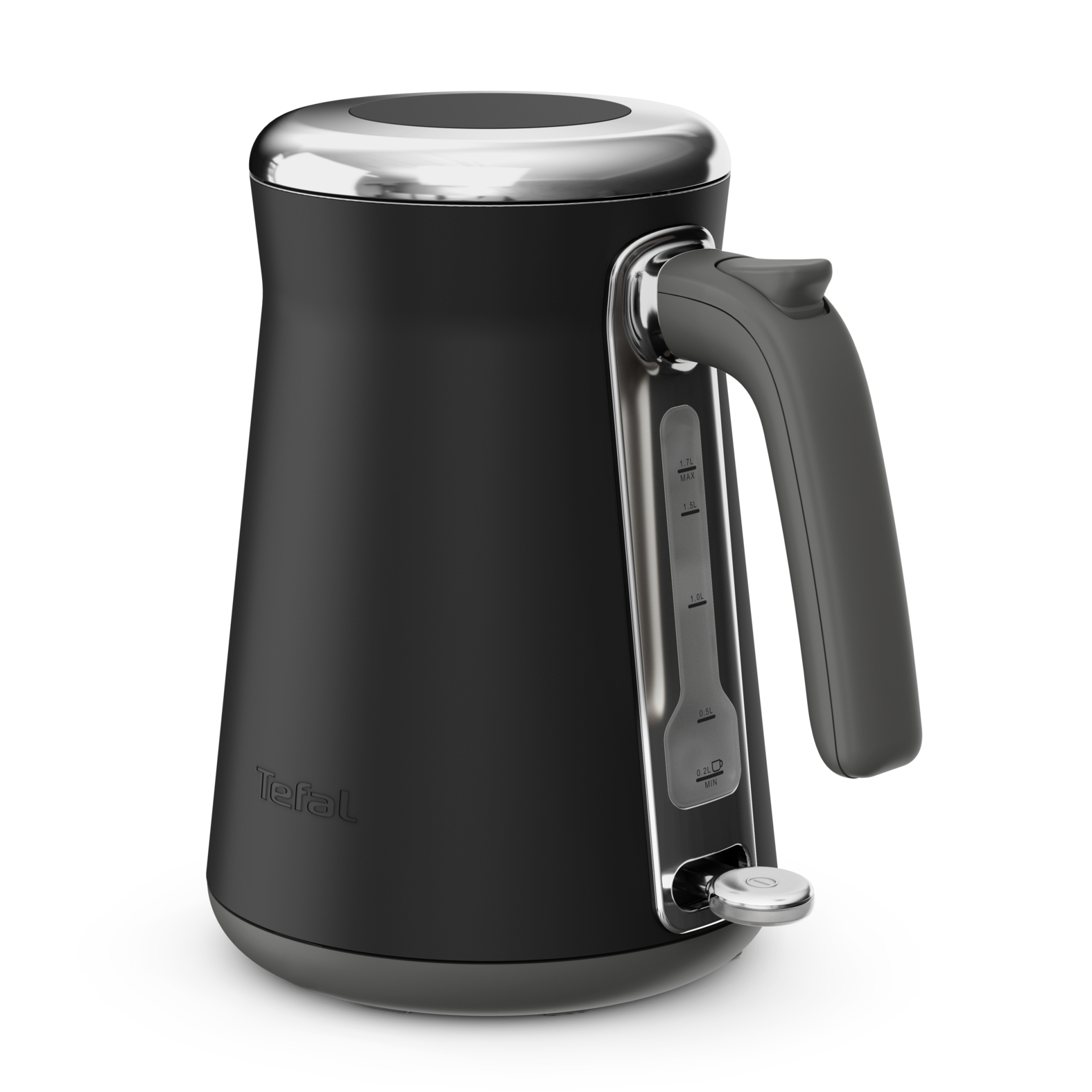 Czarny czajnik elektryczny ze srebrnym wykończeniem, logo Tefal, widok z boku, białe tło.