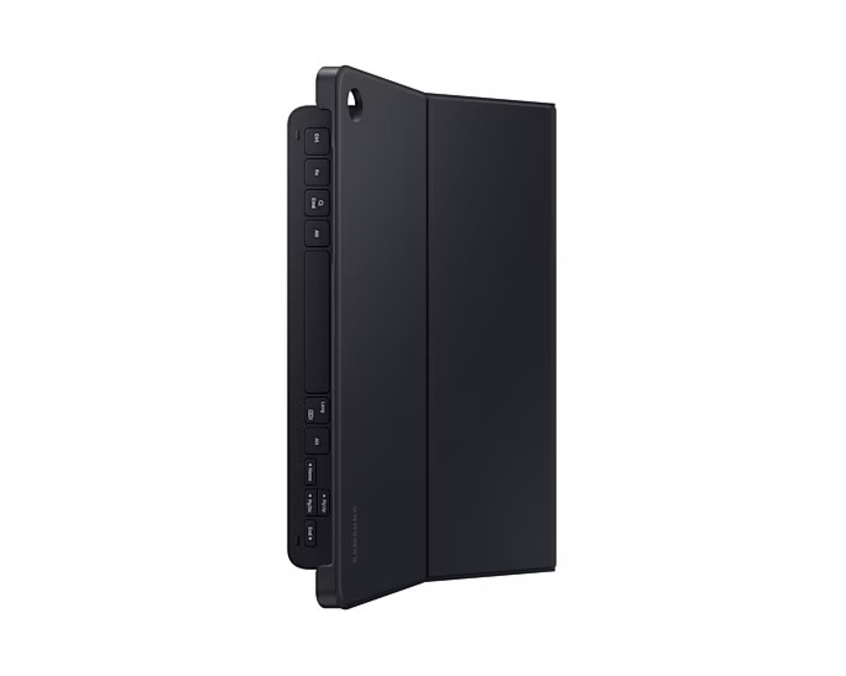 Schwarze Tablet-Tastaturhülle, gefaltet. Seitenansicht, Tastatur sichtbar.