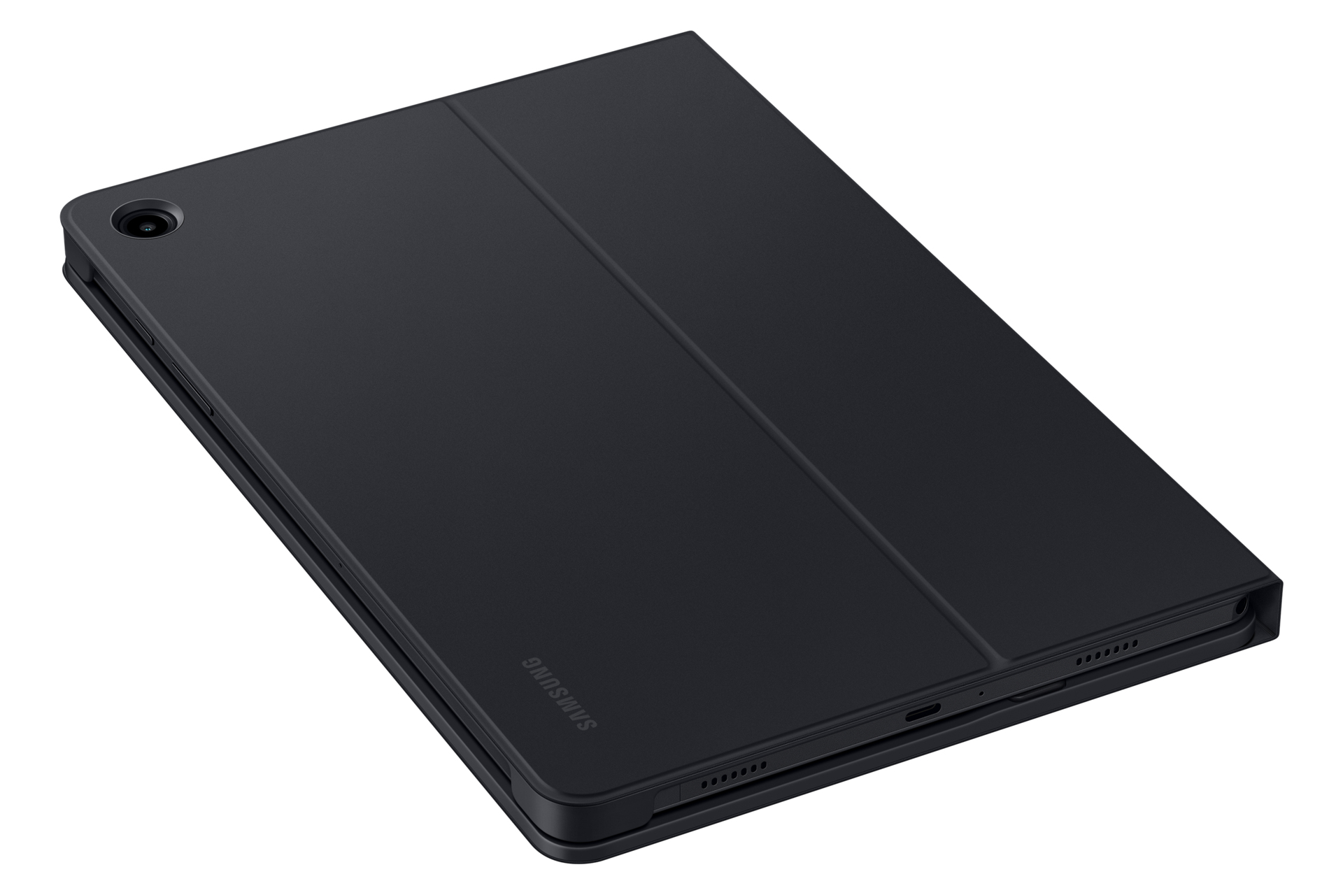 Schwarze Tablet-Hülle mit Samsung-Logo. Gefaltet, zeigt die geschlossene Hülle.