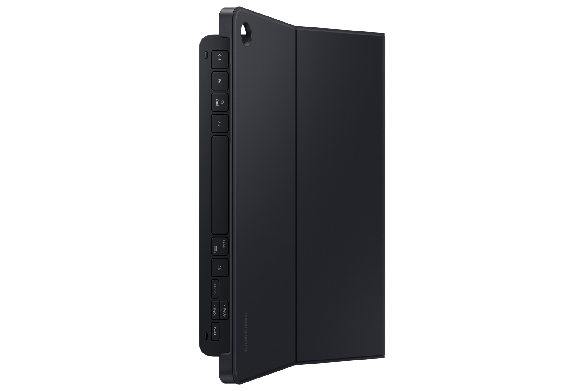 Schwarze Tablet-Tastaturhülle, gefaltet. Seitenansicht, Tastatur sichtbar.