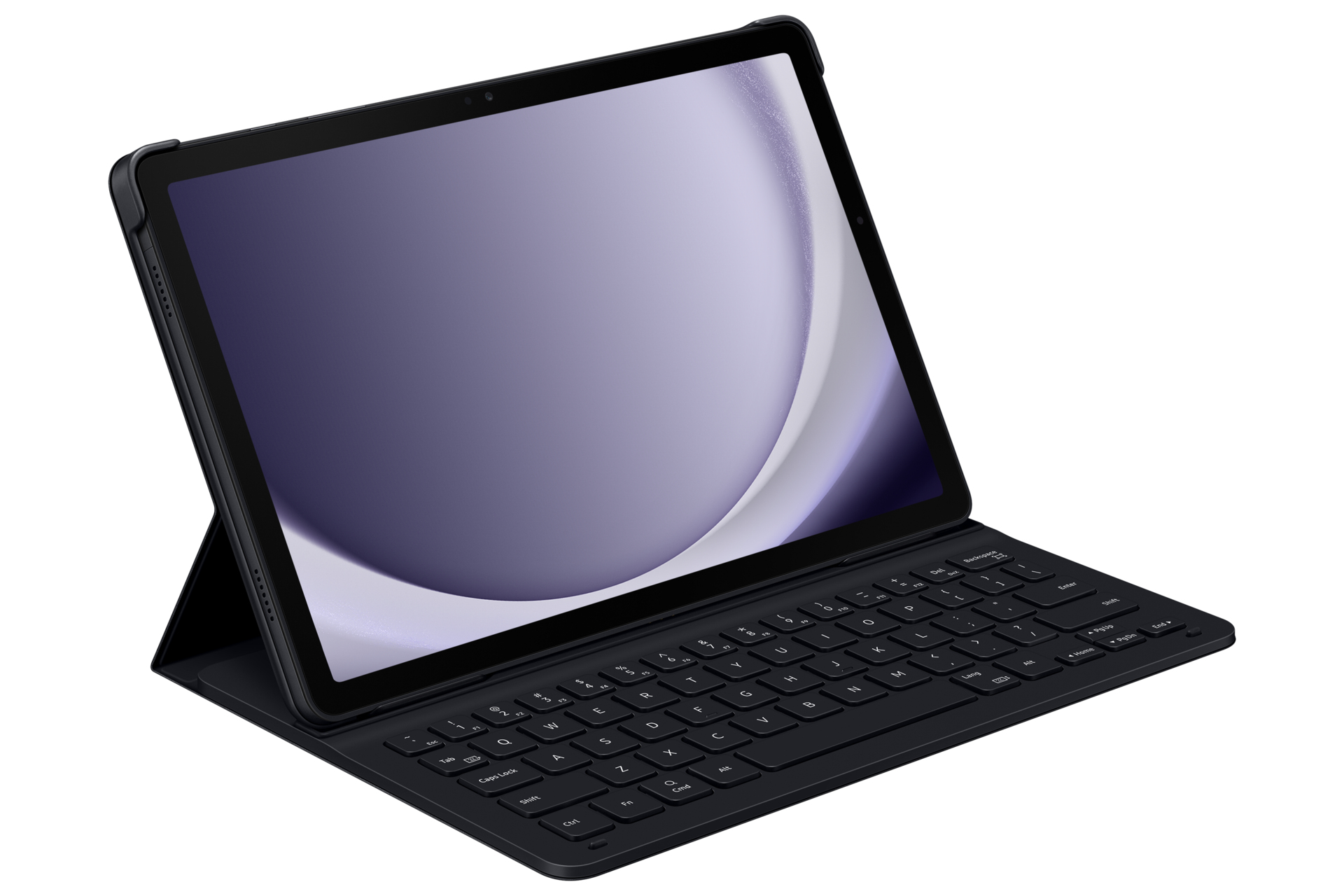 Schwarzes Tablet mit Tastaturhülle, Bildschirm zeigt lila Farbverlauf.