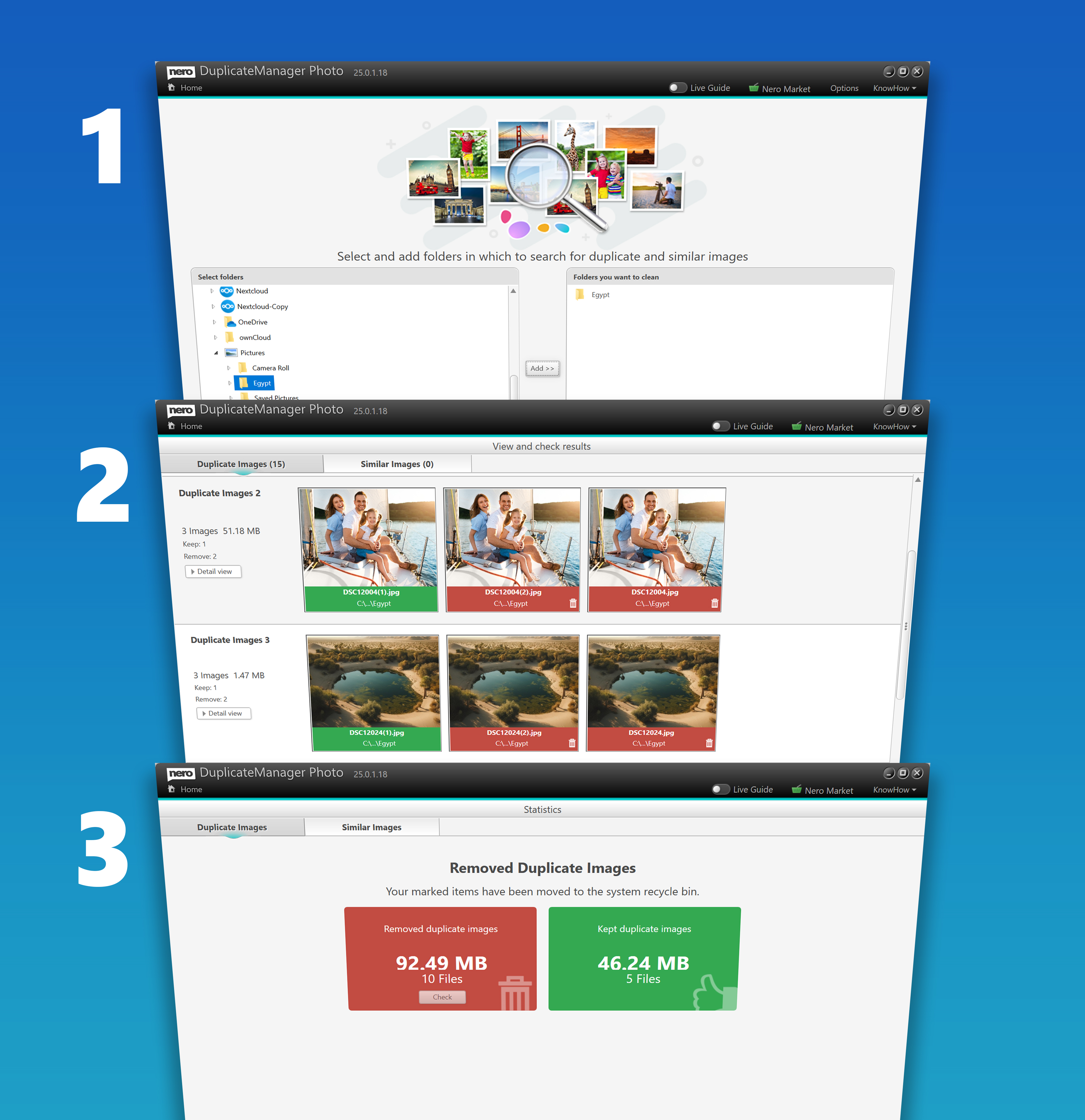 Interfejs Nero Duplicate Manager z trzema oknami: wybierz foldery, zduplikowane obrazy i statystyki usuniętych duplikatów.