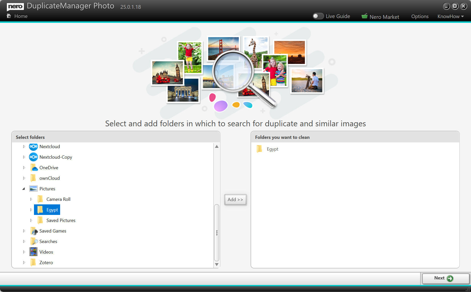 Interfejs oprogramowania pokazujący wyszukiwanie duplikatów i podobnych zdjęć. Pokazuje foldery i zdjęcia do wyboru.