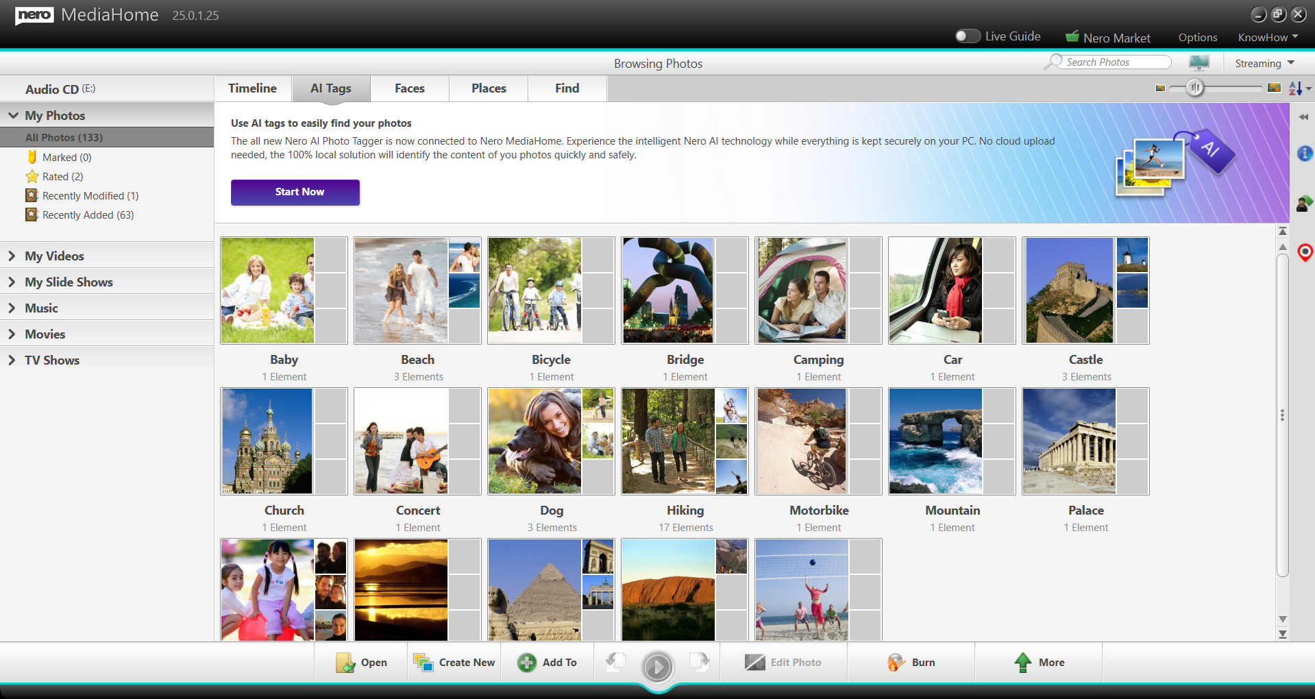 Interfejs Nero MediaHome, pokazujący przeglądanie zdjęć z różnymi kategoriami: Dziecko, Plaża, Rower itp.