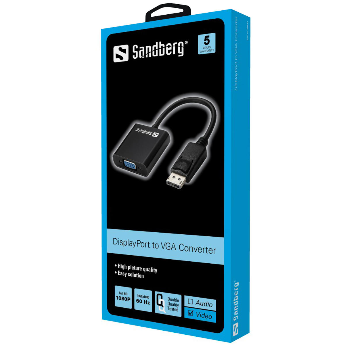 Caja convertidora Sandberg DisplayPort a VGA, negra con texto, y un adaptador DisplayPort a VGA.