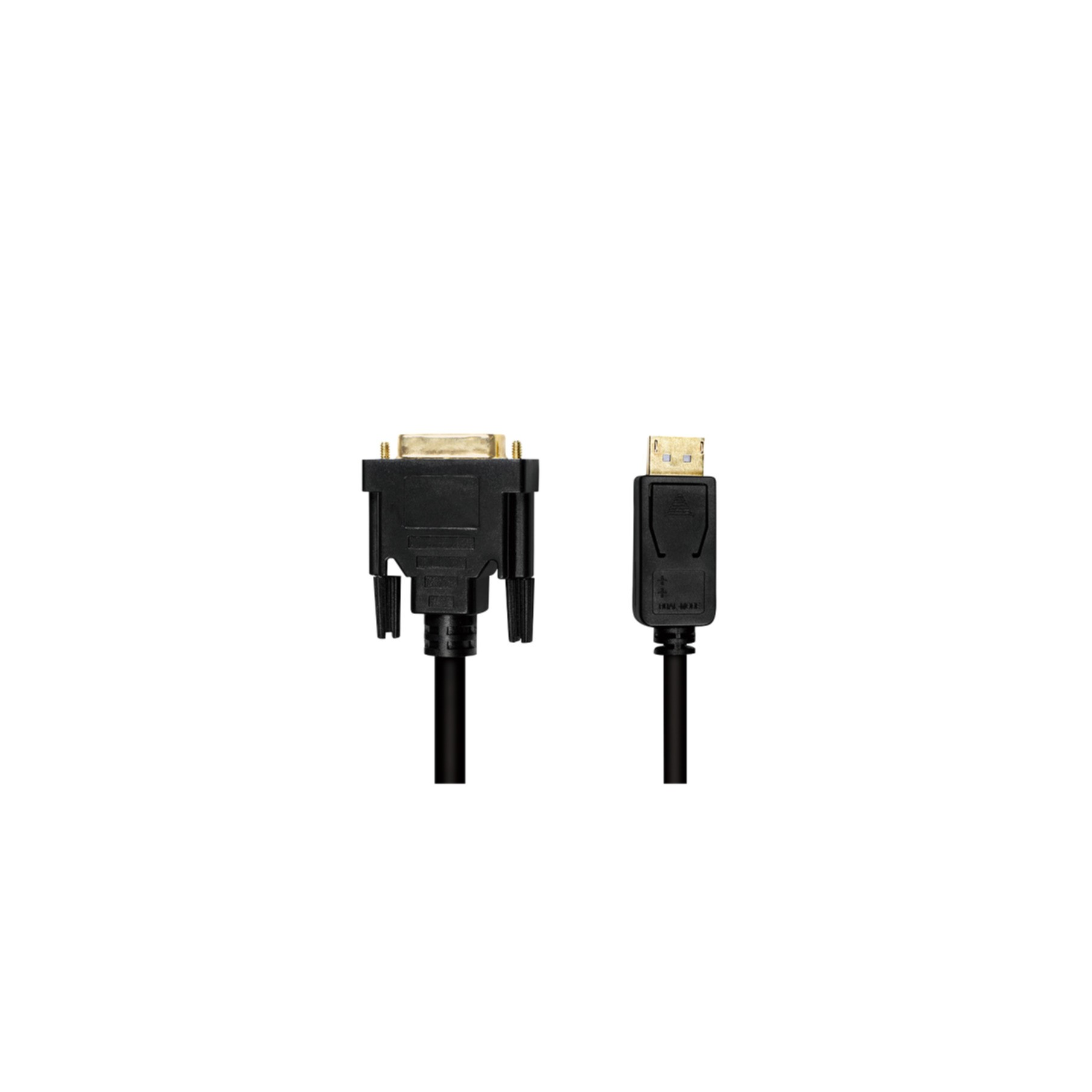 Czarny kabel DVI do DisplayPort na białym tle.